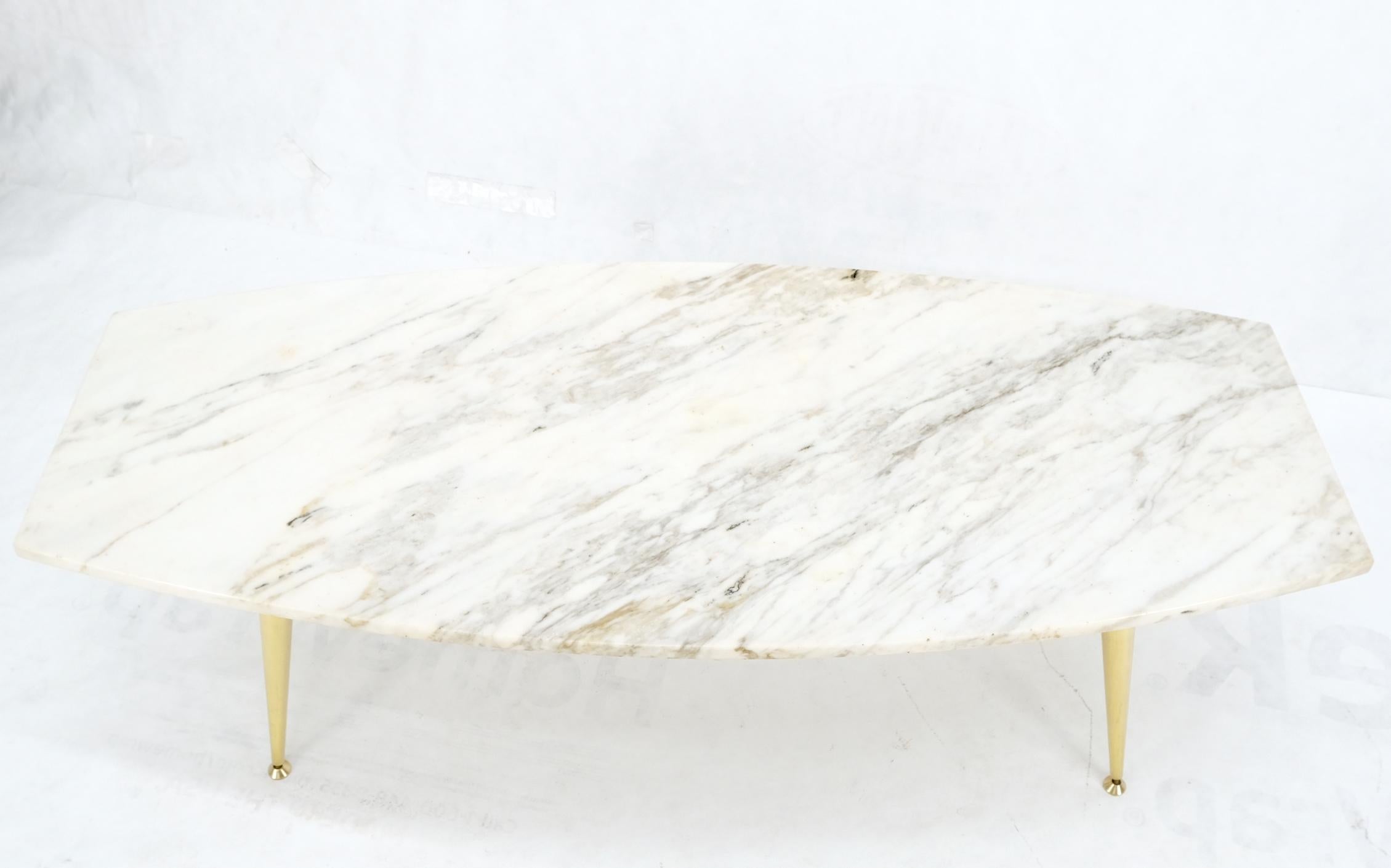 Mid-Century Modern Boat Shape Marble Top Tapered Cone Shape Brass Legs Coffee Table Mint For Sale