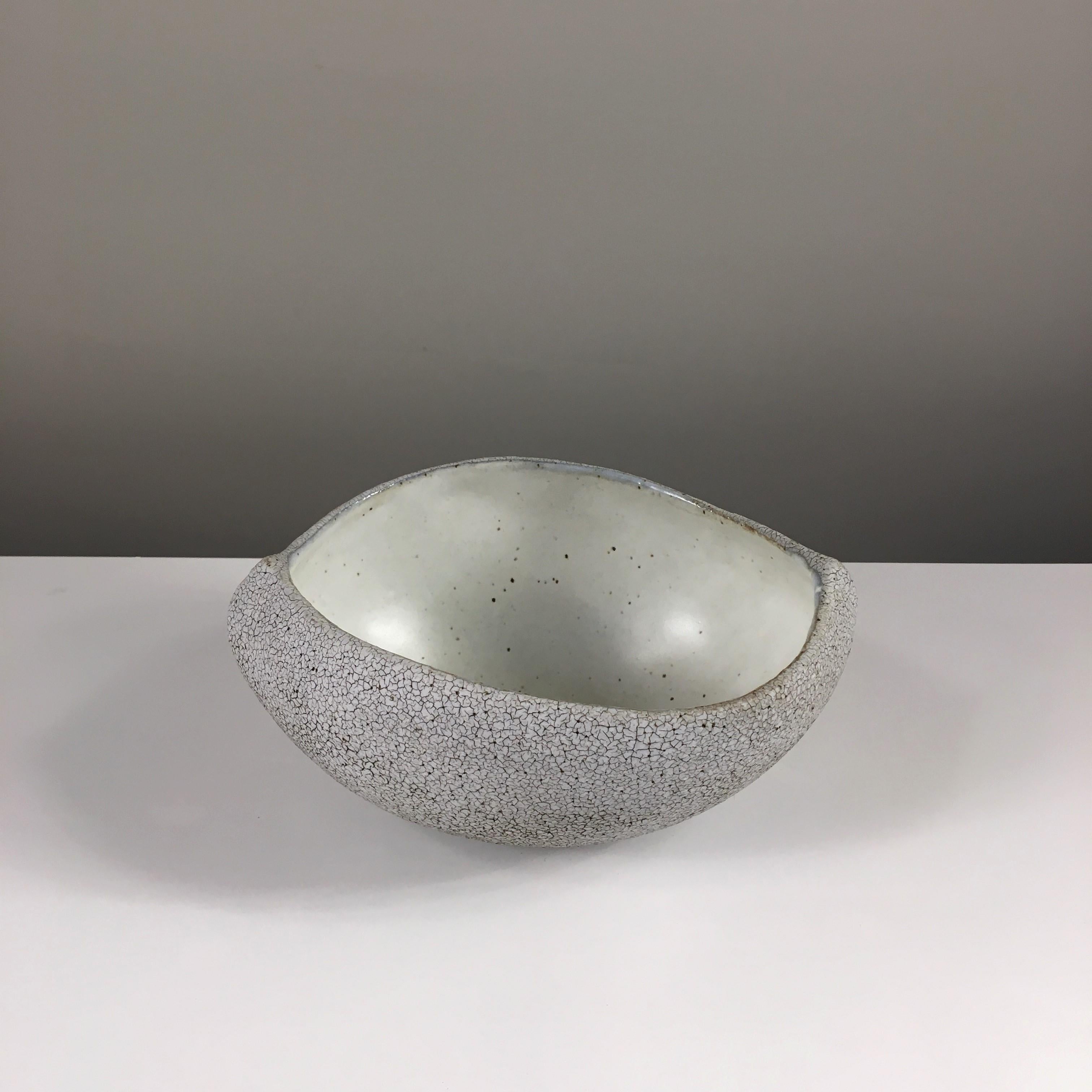 Boat Shaped Bowl with Inner Light Grey Glaze and Silvery Outer Texture by Yumiko Kuga. 
Dimensions: W 7.5