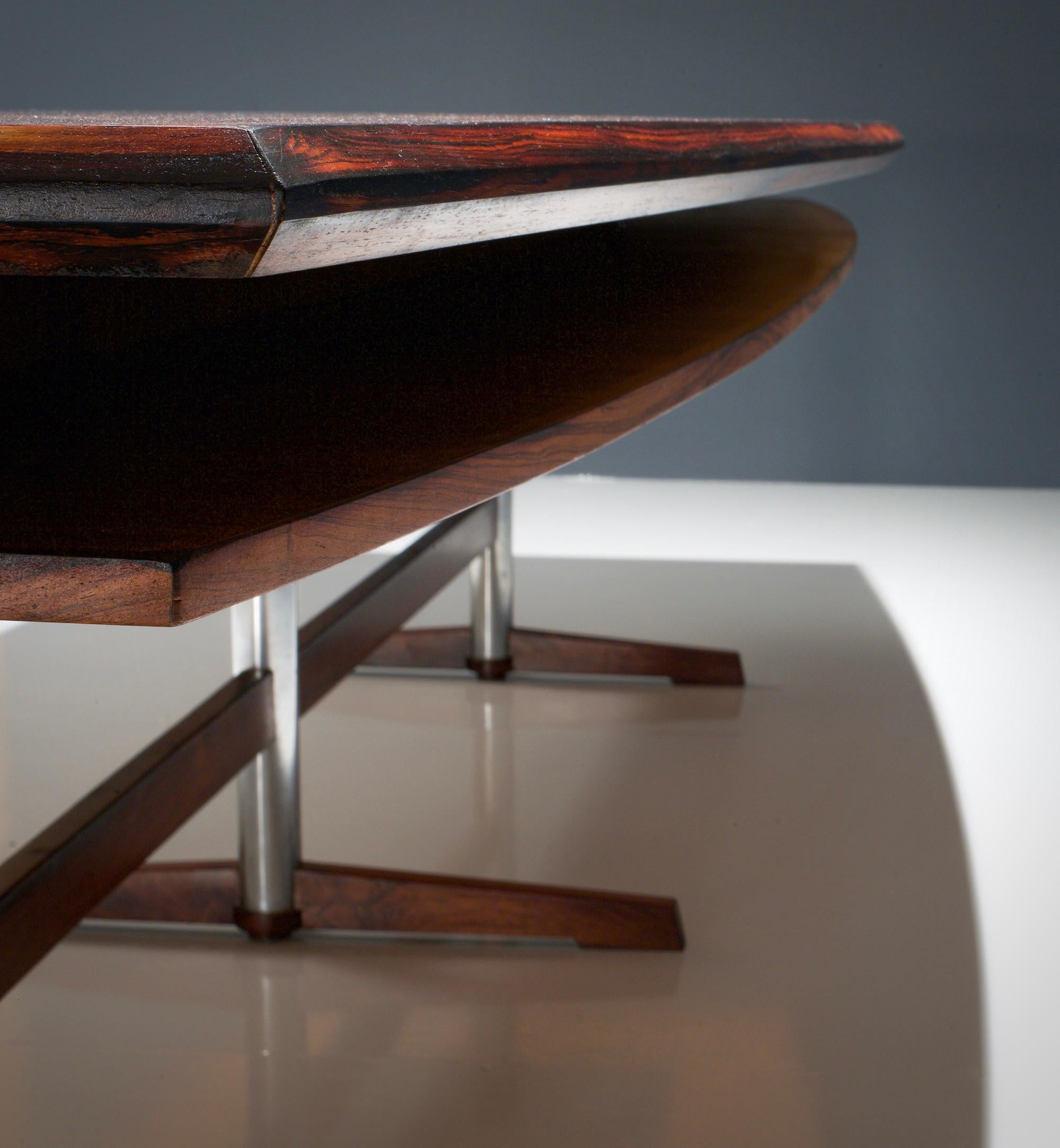 Mid-20th Century Boat-shaped Dining- / Conference Table in Rosewood and Metal, Denmark, 1960s