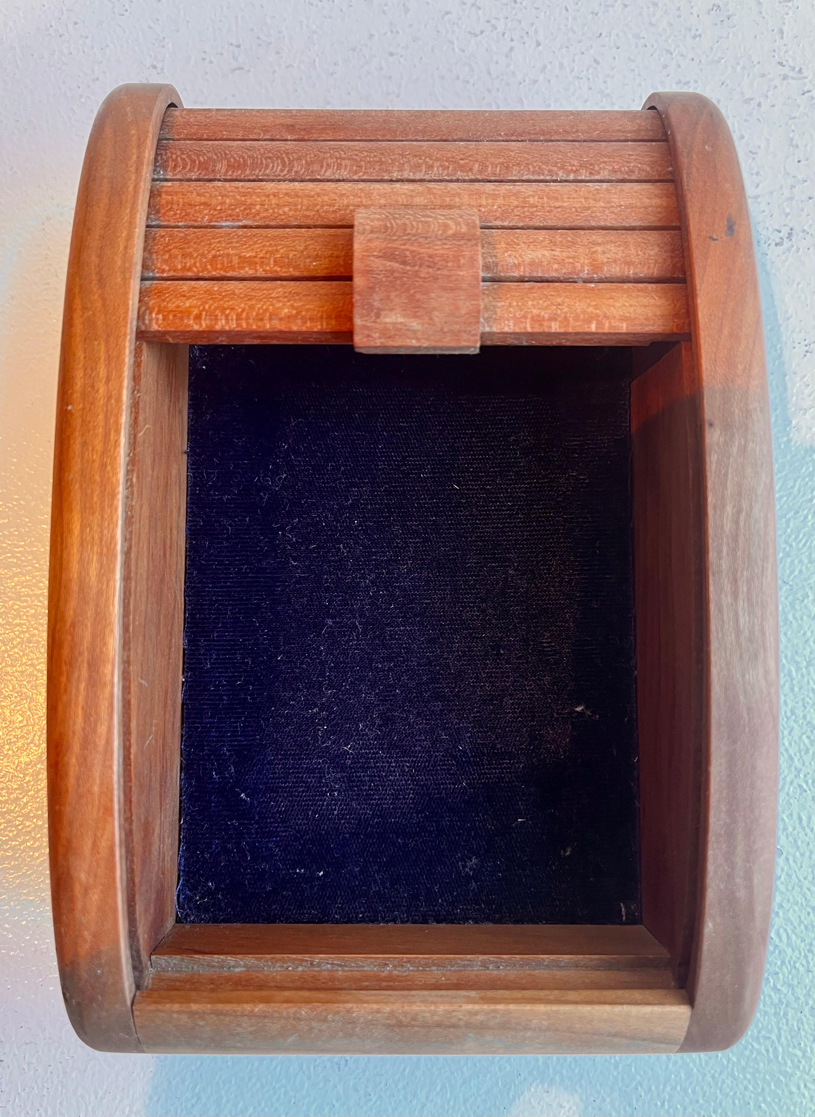 Boat Shaped Teak Box with Tamborine Door, 1981 In Good Condition For Sale In Philadelphia, PA