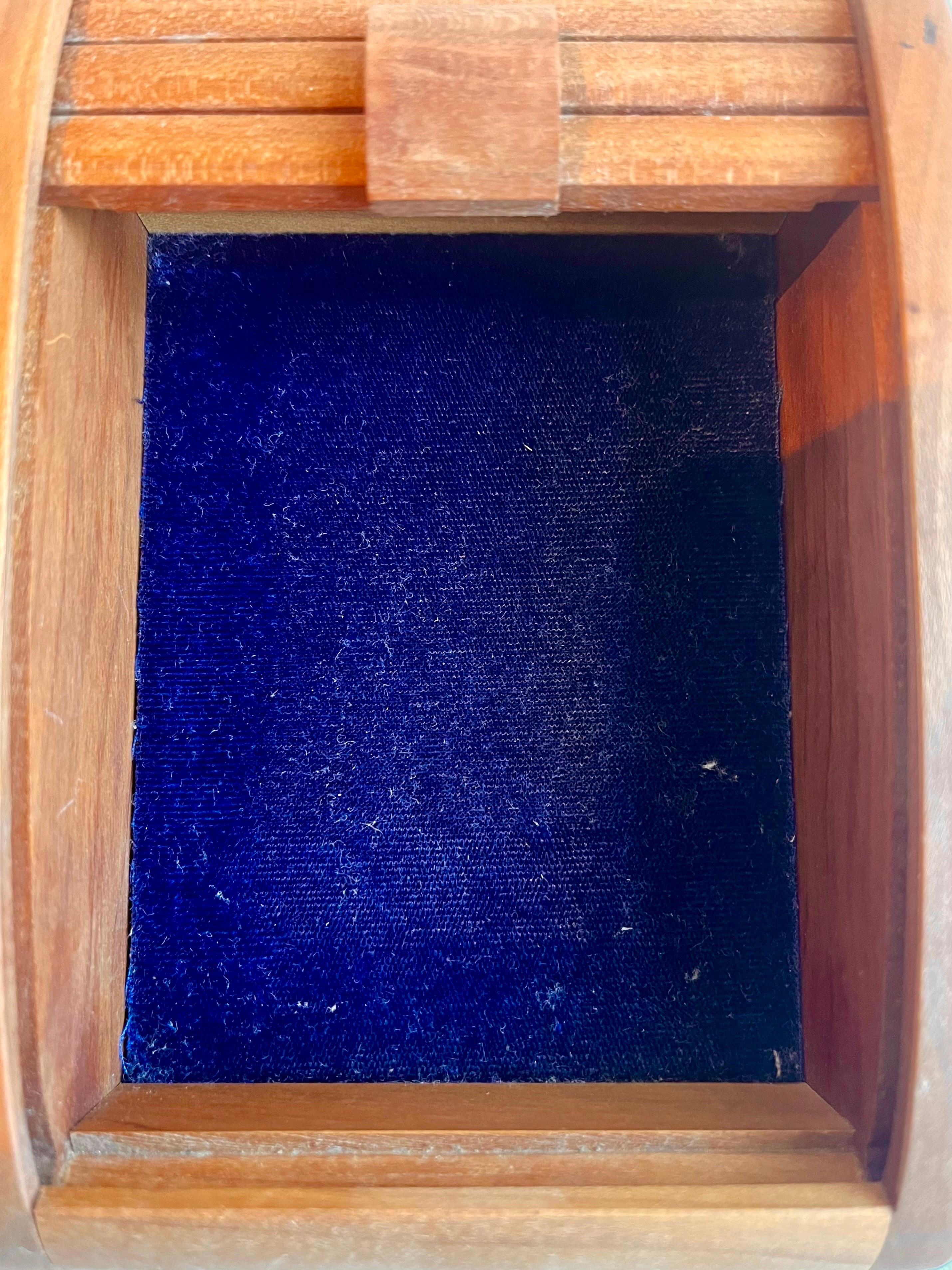 Late 20th Century Boat Shaped Teak Box with Tamborine Door, 1981 For Sale