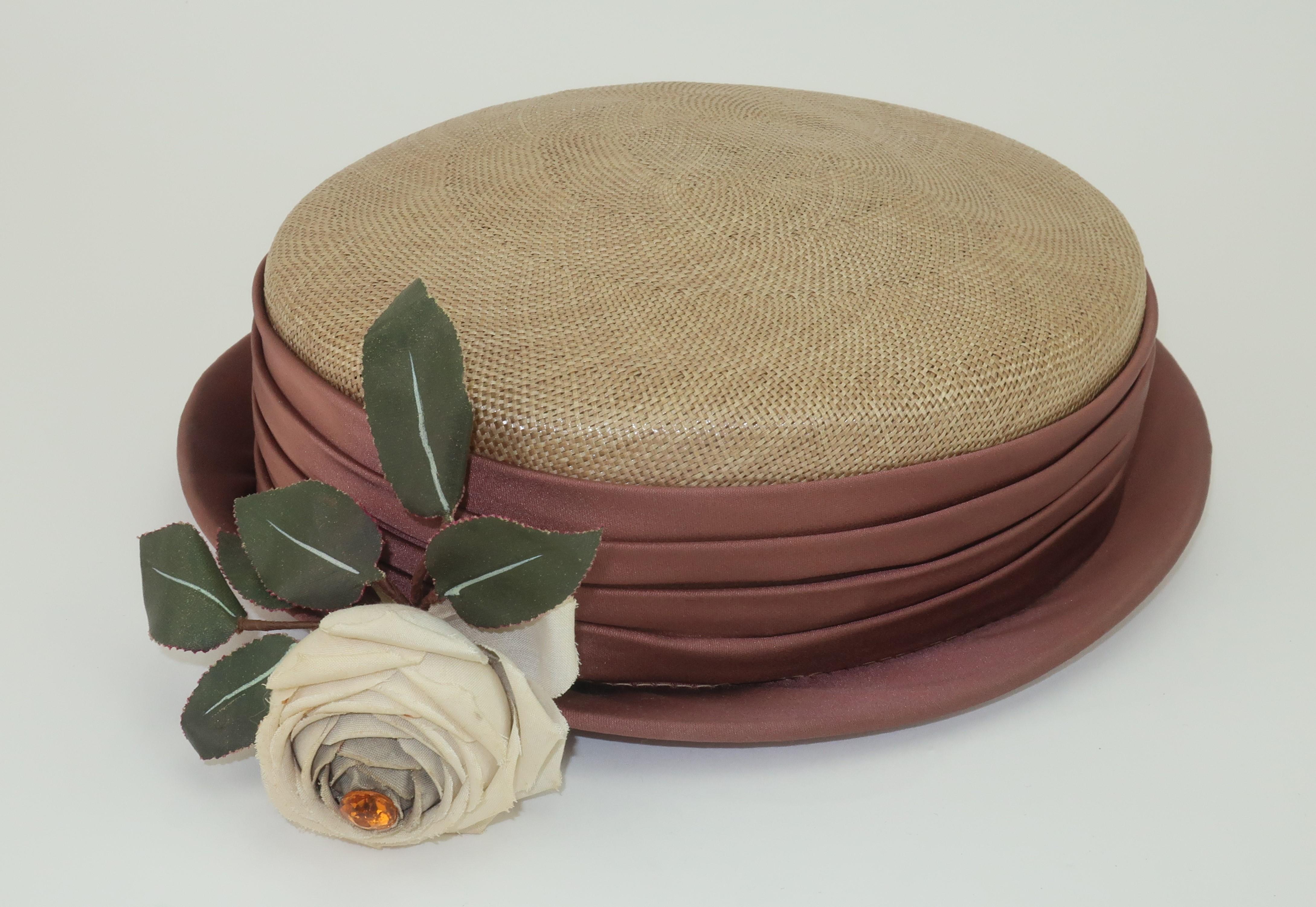 Women's Boater Style Straw Hat With Flower Accent, 1940's For Sale