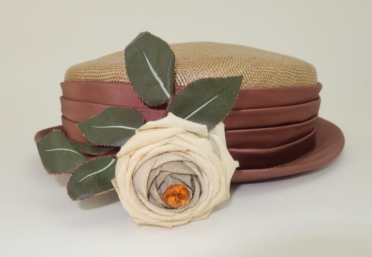 Boater Style Straw Hat With Flower Accent, 1940's For Sale 2