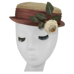 Vintage Boater Style Straw Hat With Flower Accent, 1940's