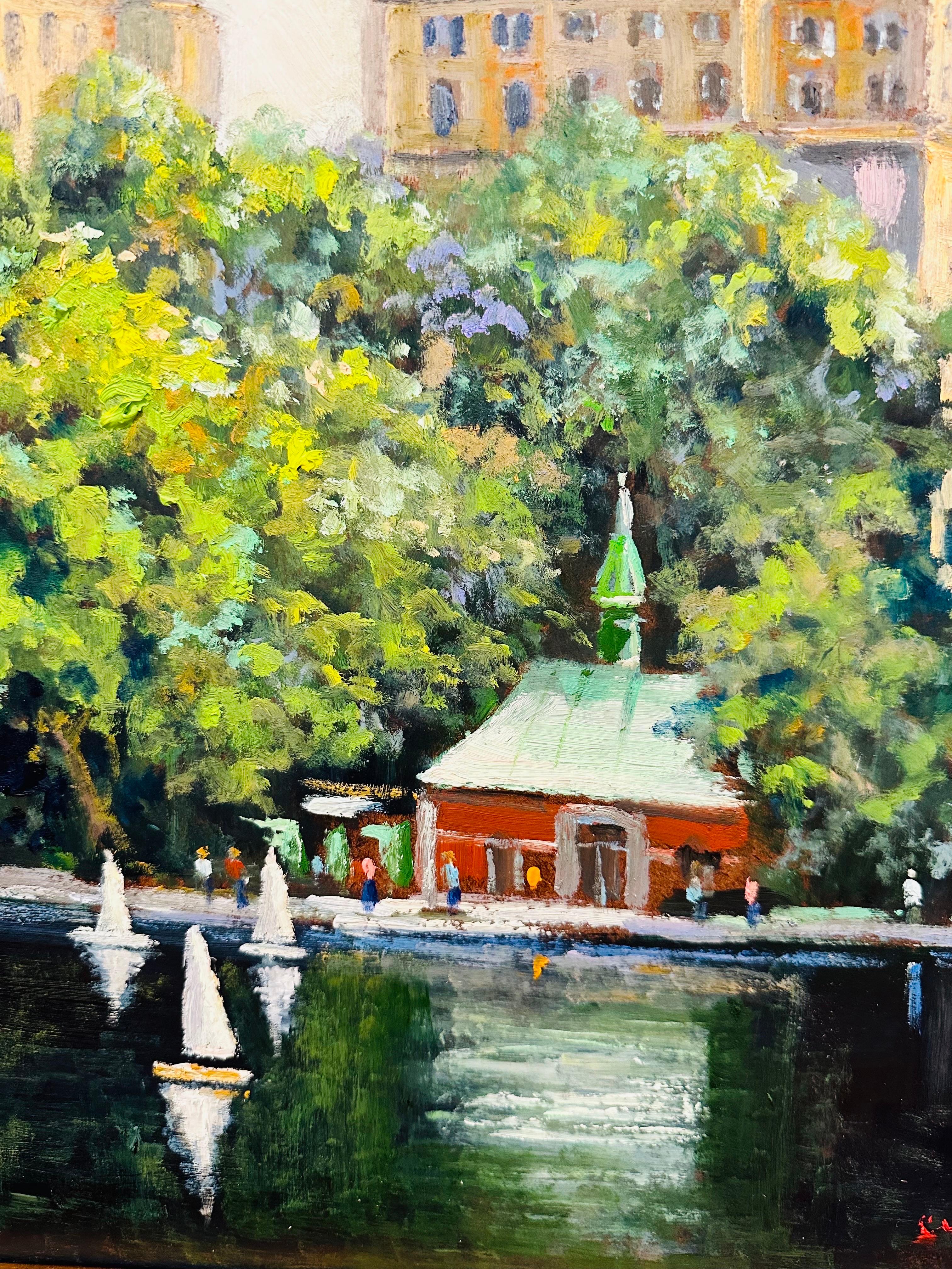Impressionist New York City peaceful Central Park Boathouse scene depicting fully bloomed trees with pedestrians and sail boats enjoying a leisurely day. Birds flying high above the cityscape while the boathouse is tucked away. From early childhood