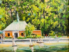 "Boathouse Central Park, New York City" Impressionist Spring Scene Oil Painting