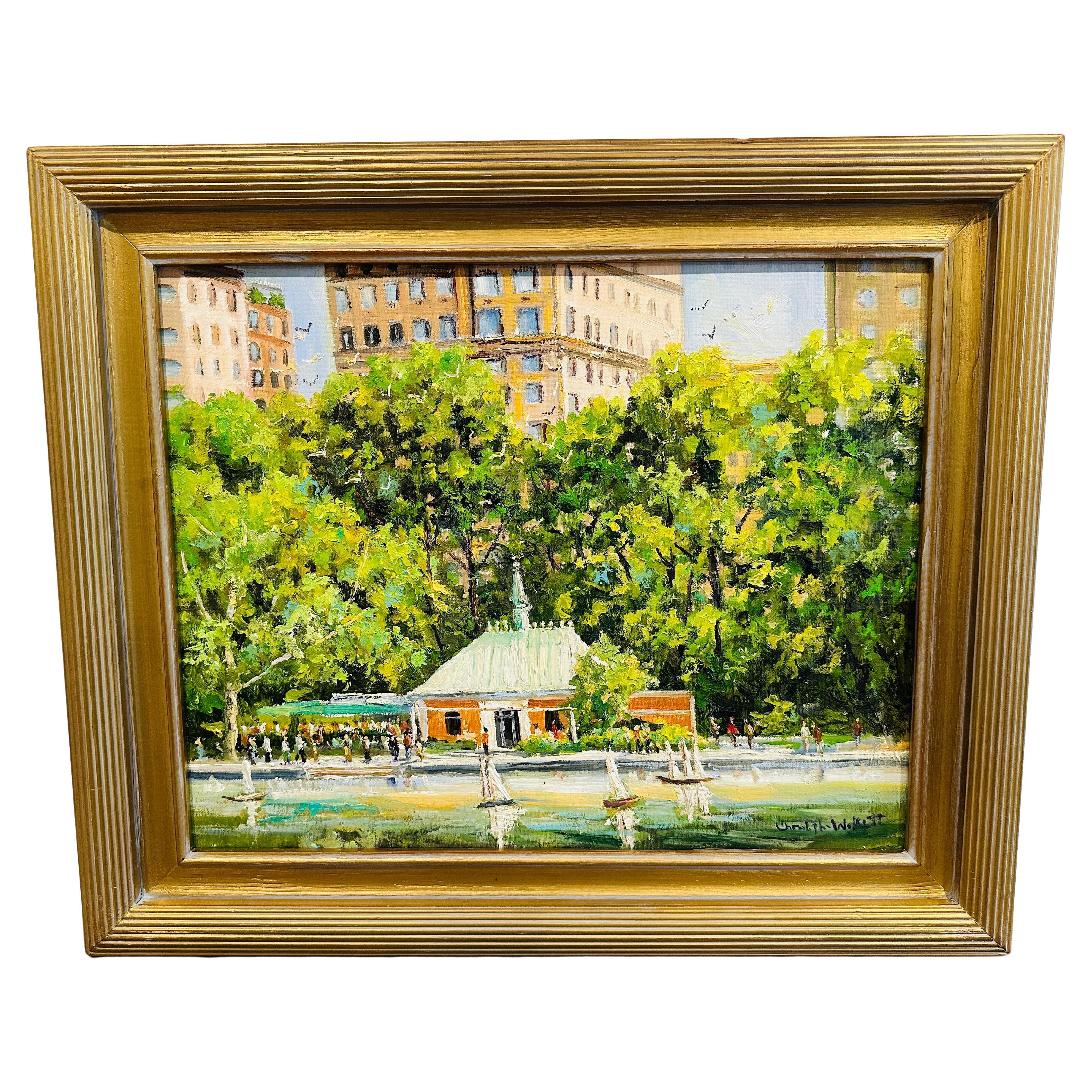 "Boathouse Central Park, Nueva York" Pintura al óleo impresionista de escena primaveral