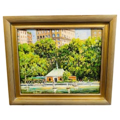 "Boathouse Central Park, New York City" Impressionist Spring Scene Oil Painting