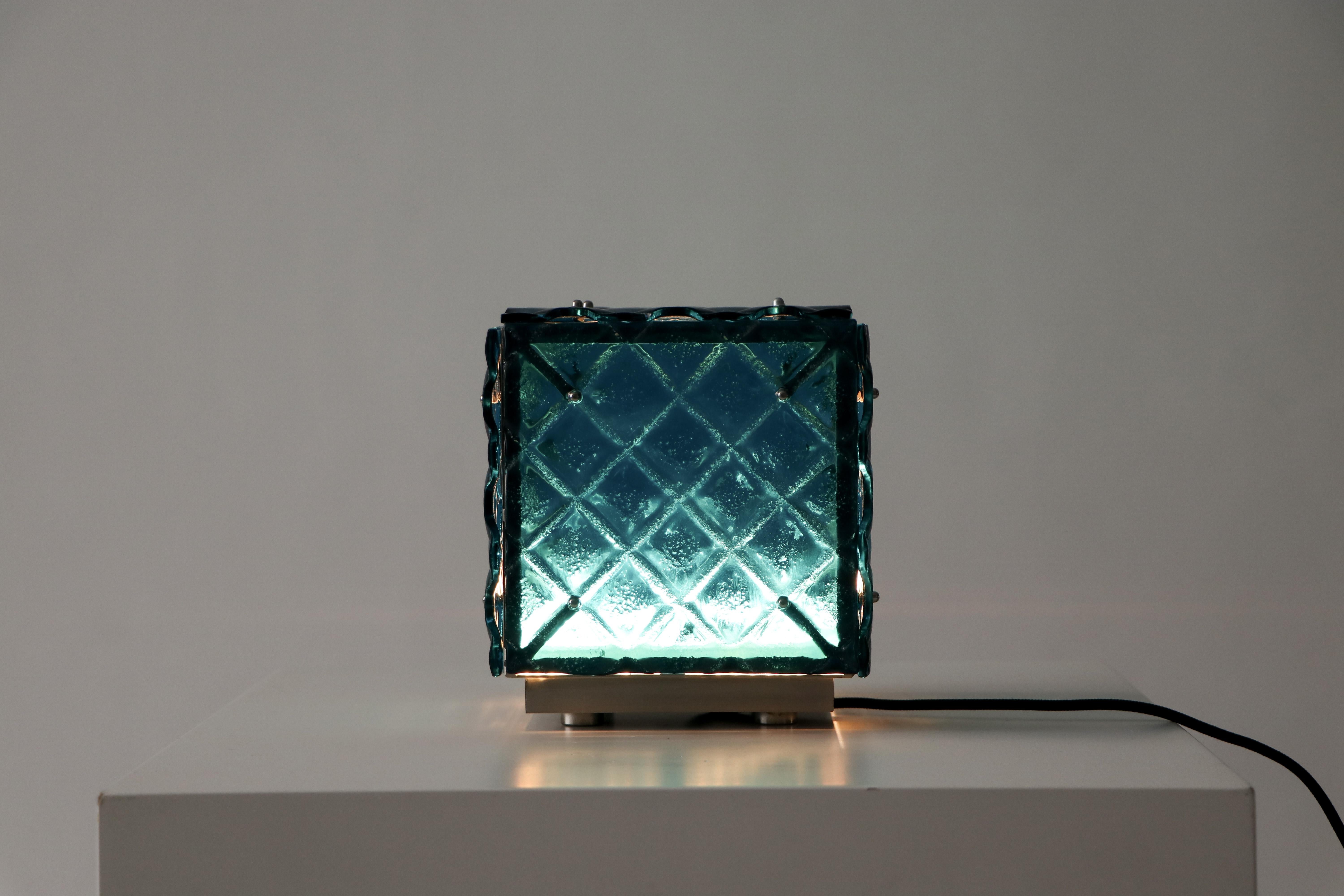 Spanish Contemporary Functional Art Ambient Blue Coloured Light Artisanal Fused Glass For Sale