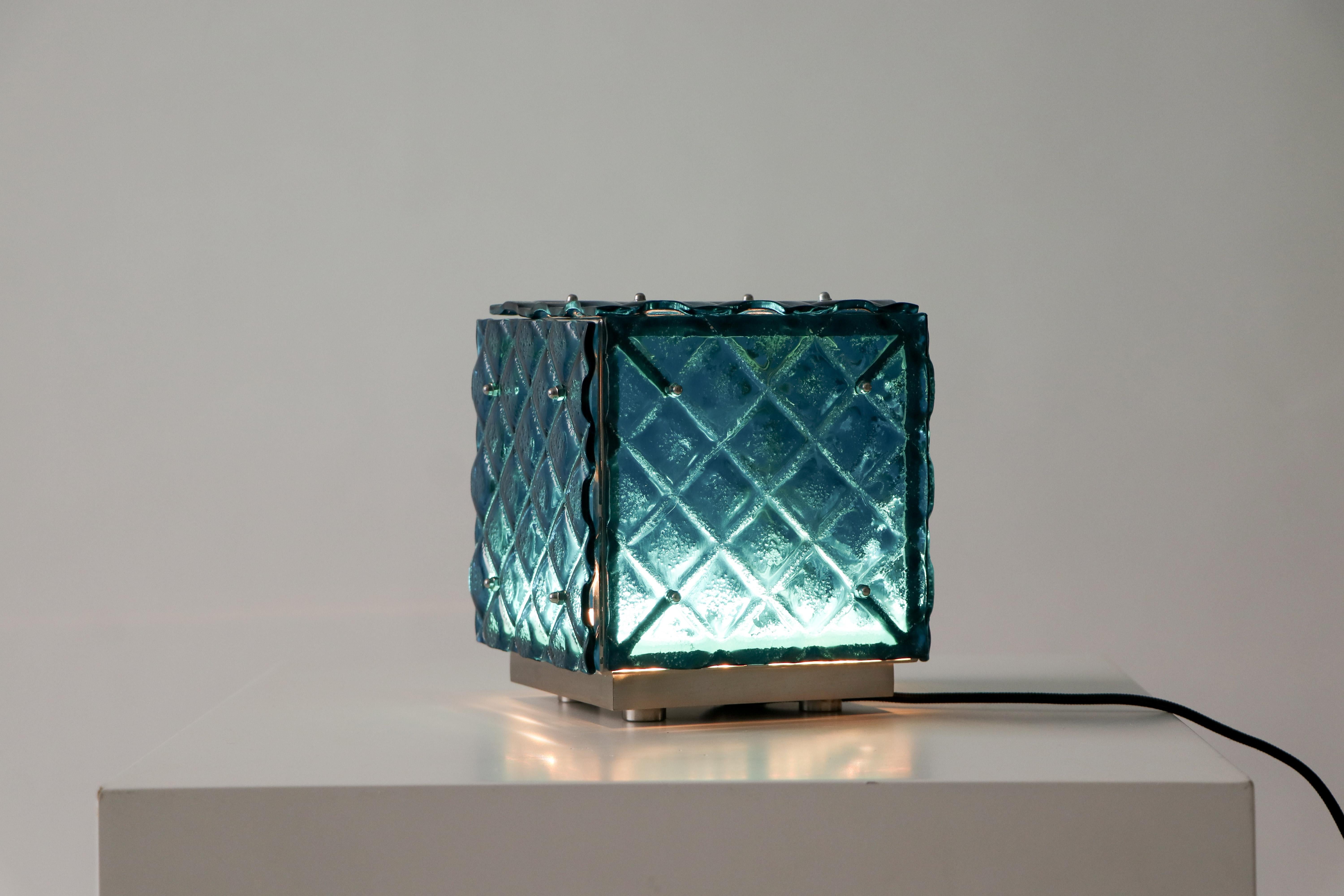 Contemporary Functional Art Ambient Blue Coloured Light Artisanal Fused Glass In New Condition For Sale In València, ES