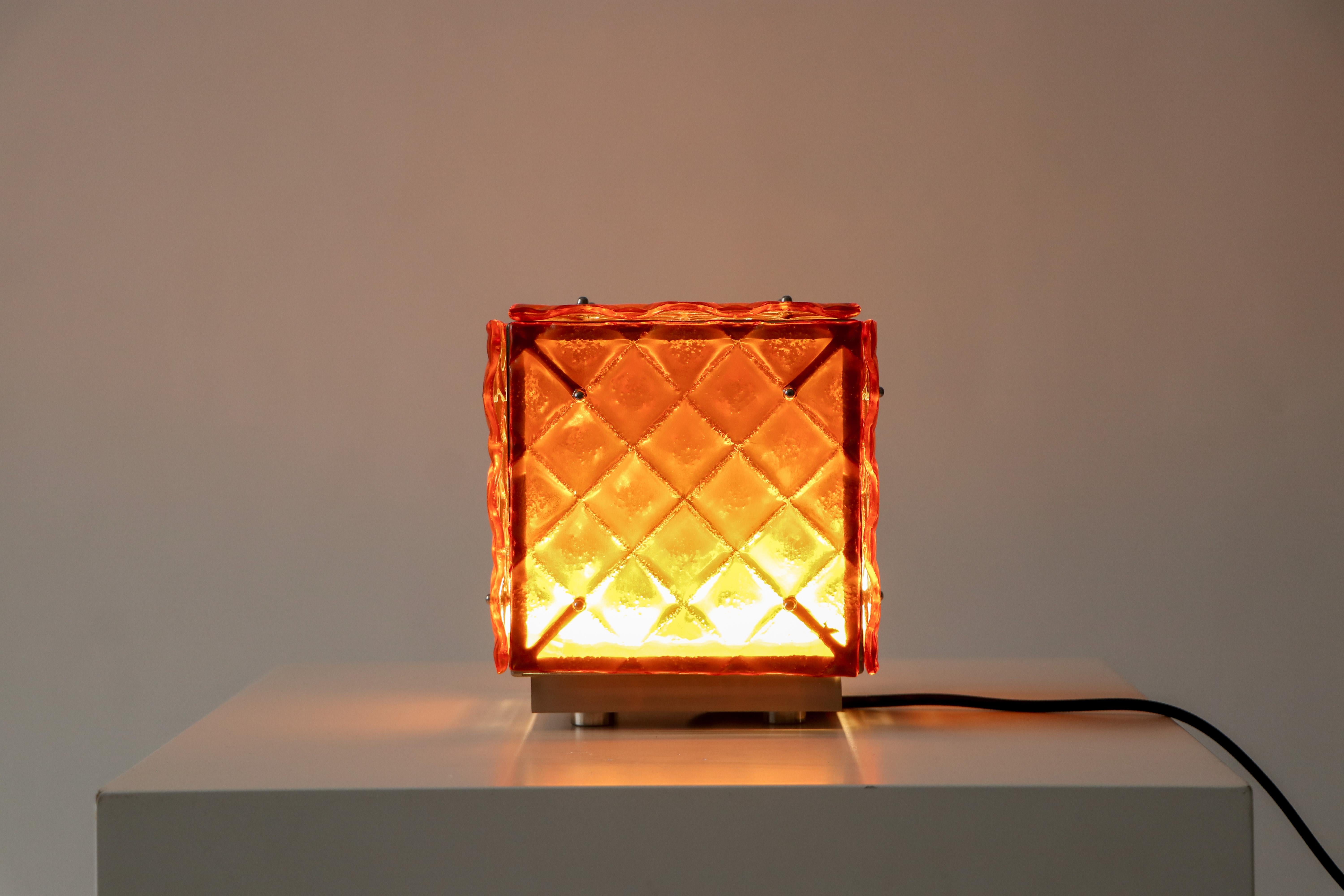 Metal Contemporary Functional Art Ambient Orange Light Artisanal Fused Glass For Sale