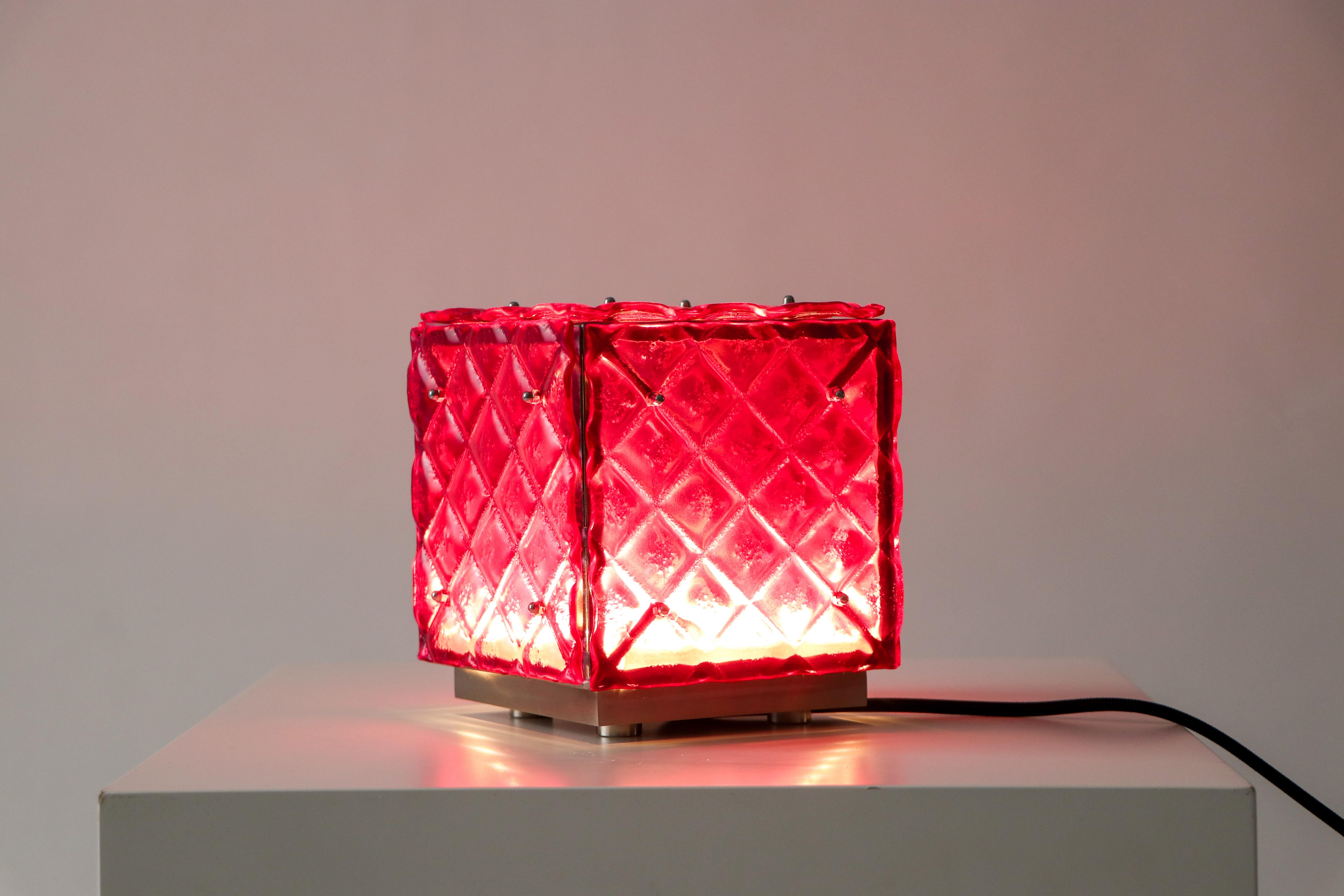 Contemporary Functional Art Ambient Fucsia Coloured Light Artisanal Fused Glass In New Condition For Sale In València, ES