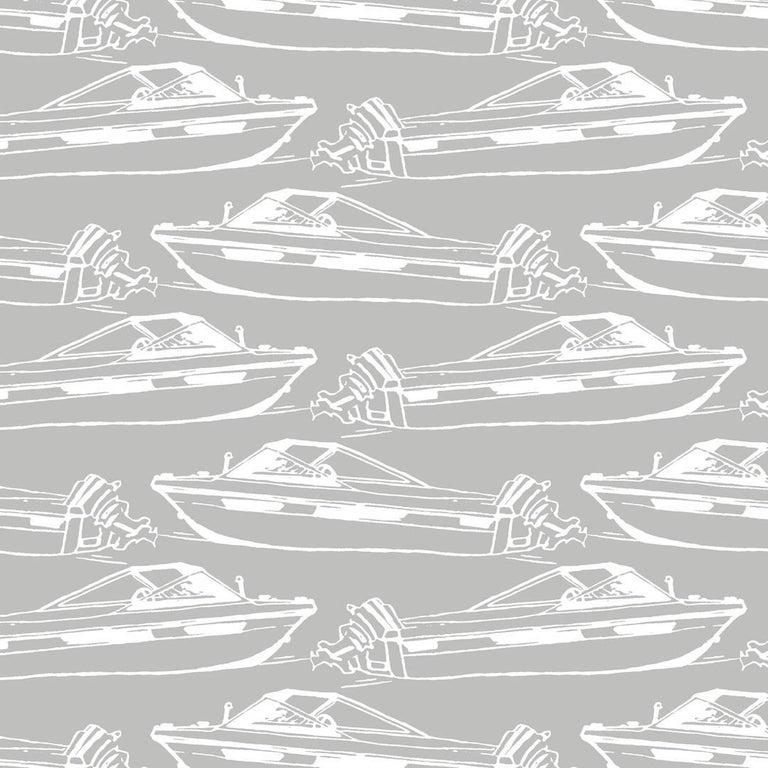 Modern Boating Designer Wallpaper in Dolphin 'White on Grey' For Sale