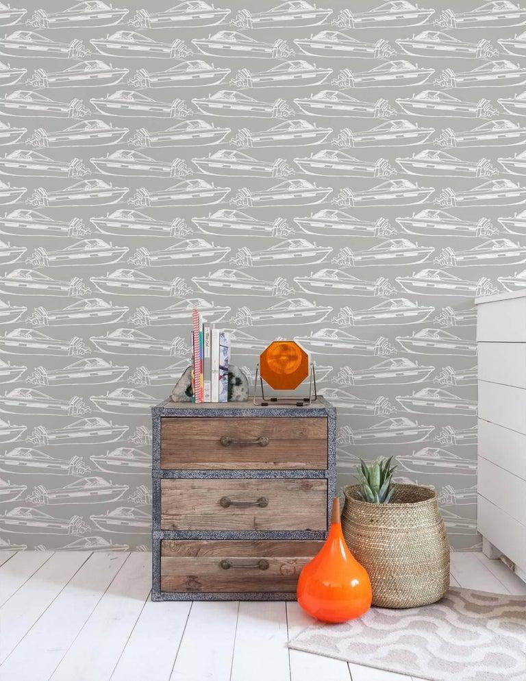 American Boating Designer Wallpaper in Dolphin 'White on Grey' For Sale
