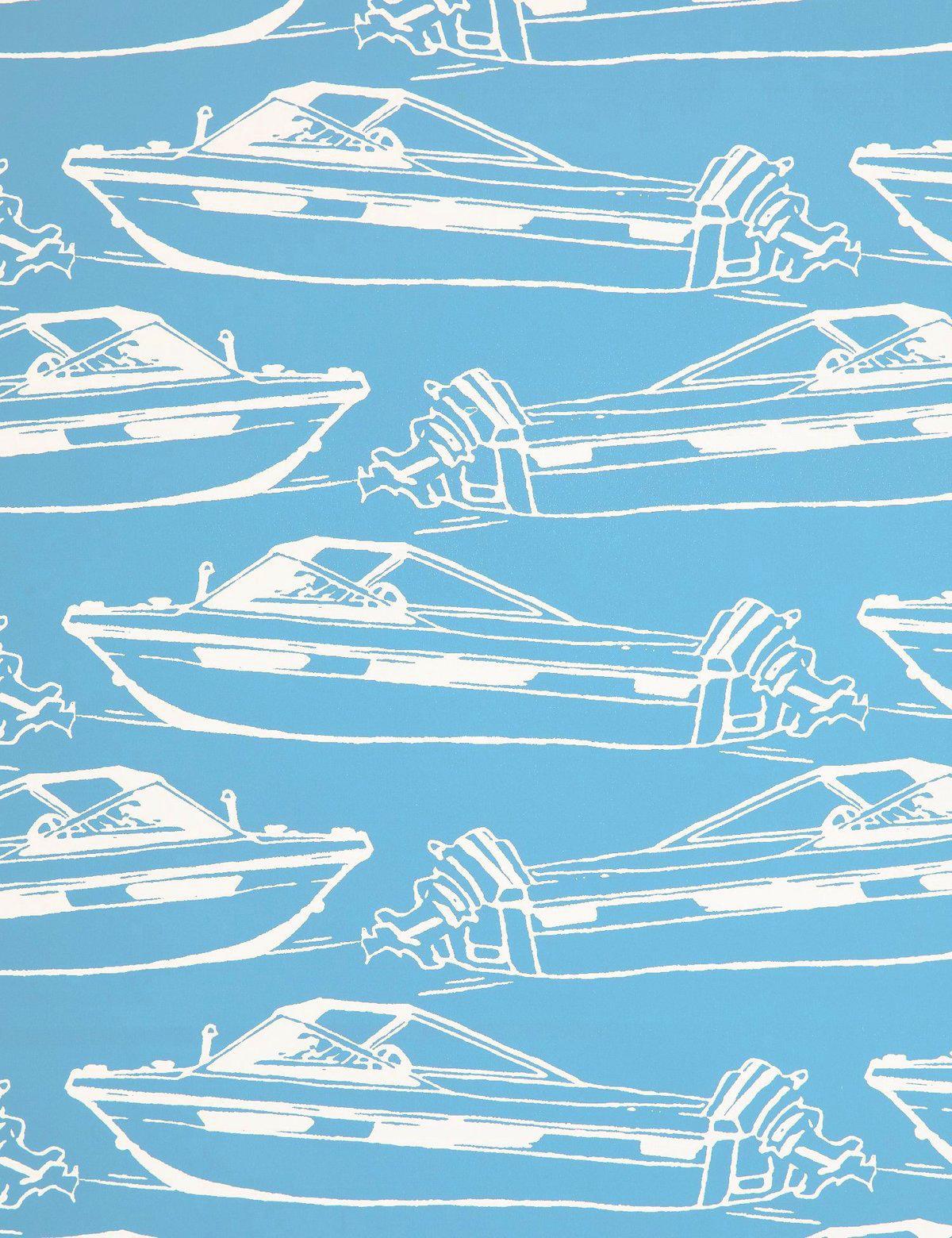 Modern Boating Designer Wallpaper in Pool 'Sky Blue and White' For Sale