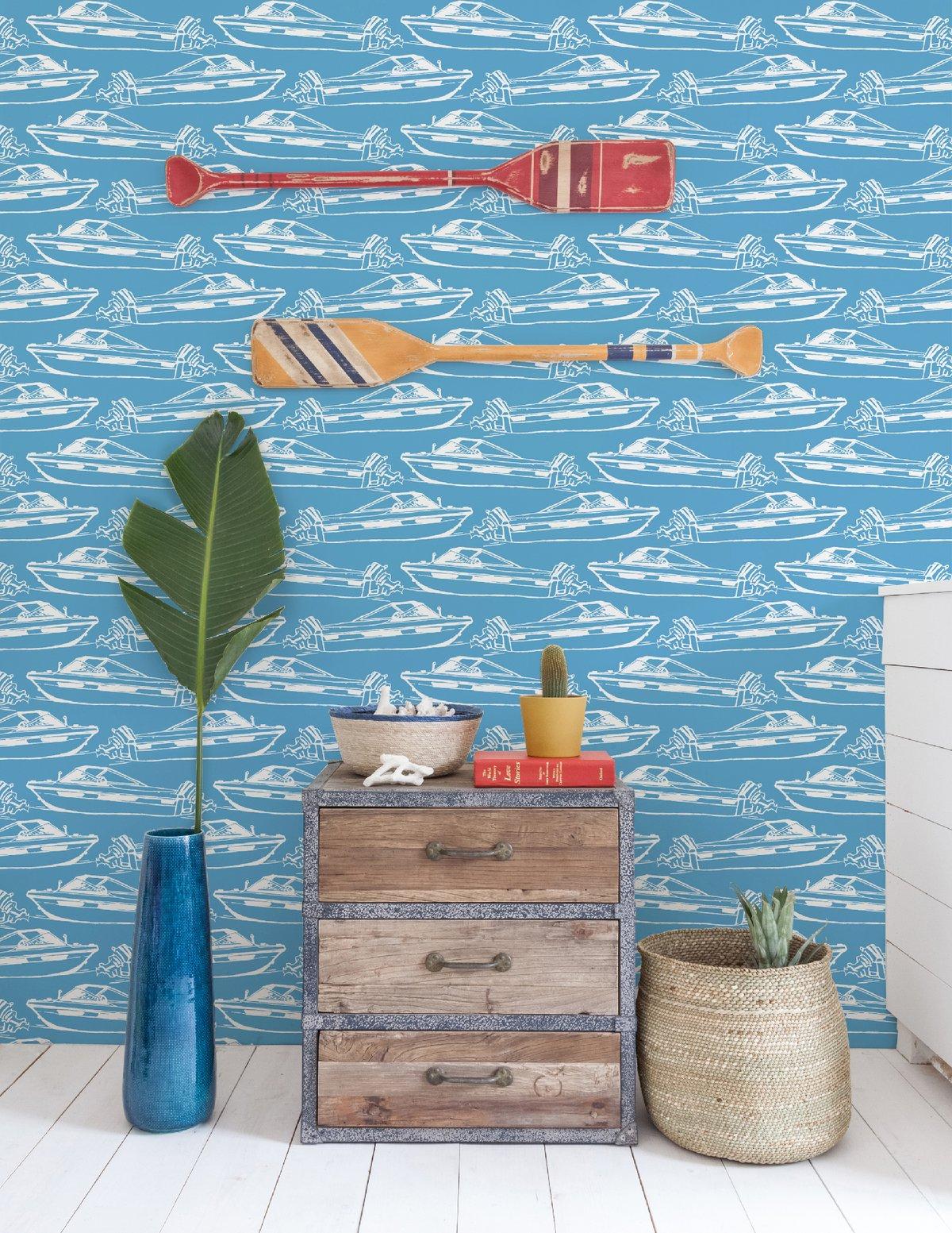 American Boating Designer Wallpaper in Pool 'Sky Blue and White' For Sale