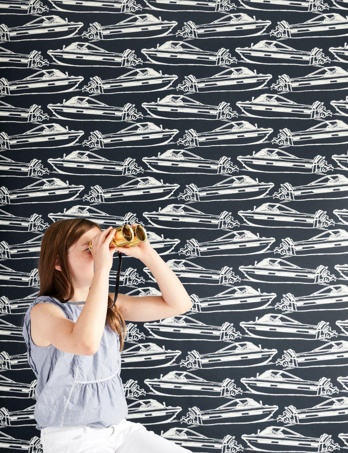 Modern Boating Screen Printed Wallpaper in Pebble 'White on Black' For Sale