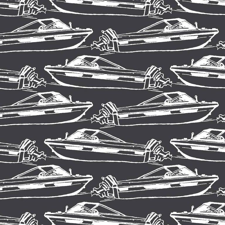 American Boating Screen Printed Wallpaper in Pebble 'White on Black' For Sale