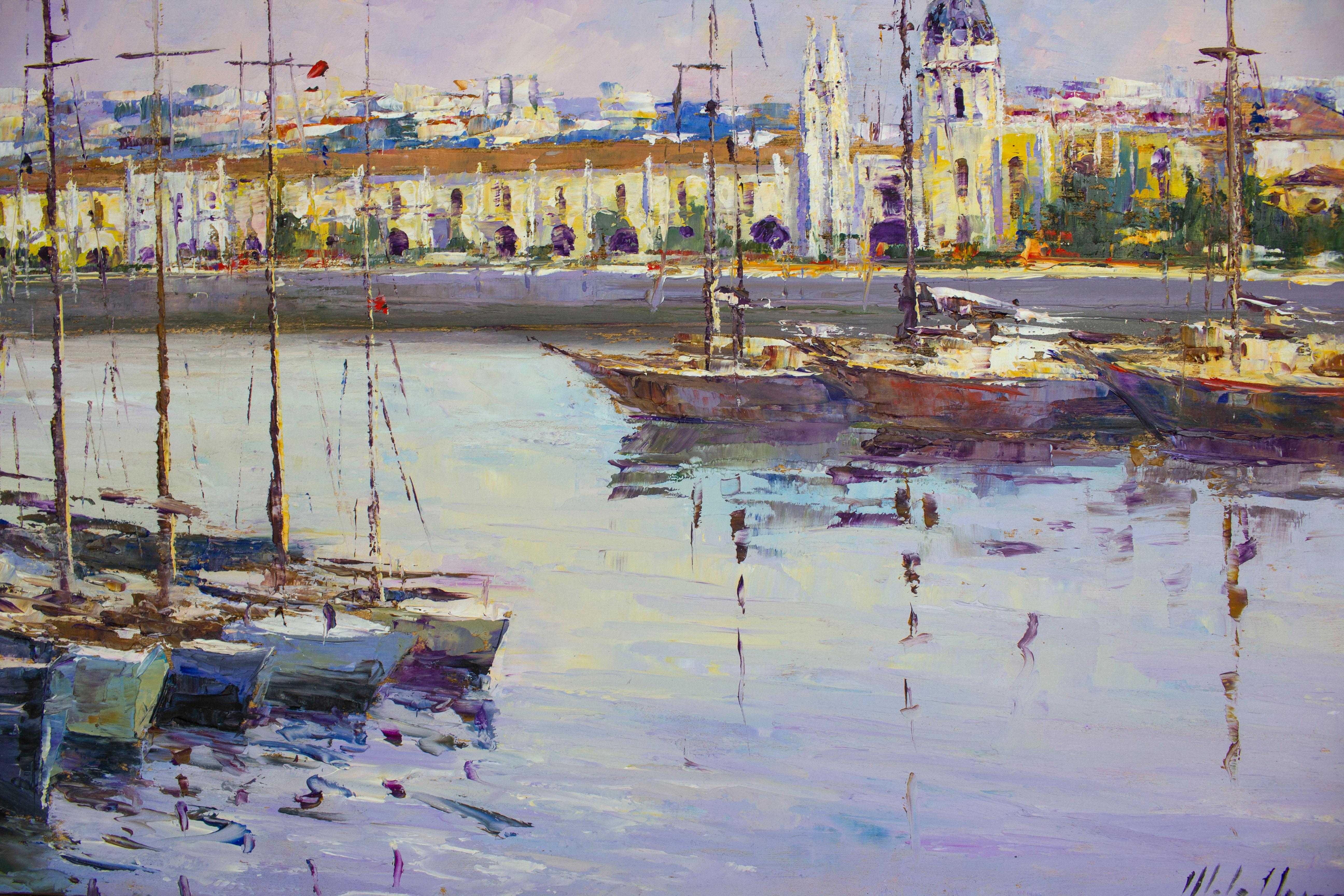 Portuguese Boats and Monastery of Jerónimos, 20th Century, Oil on Panel, Painting For Sale