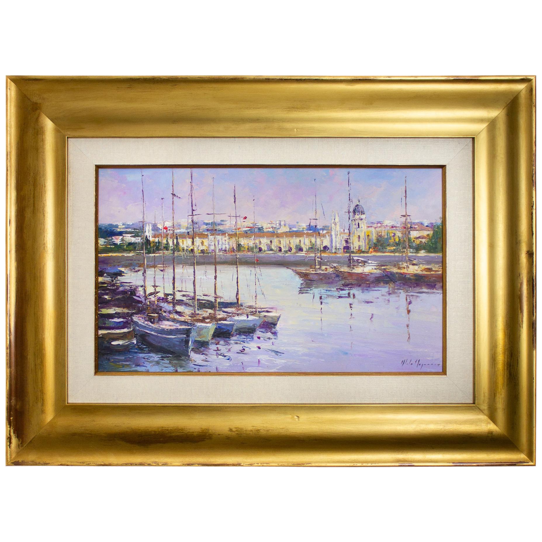 Boats and Monastery of Jerónimos, 20th Century, Oil on Panel, Painting For Sale