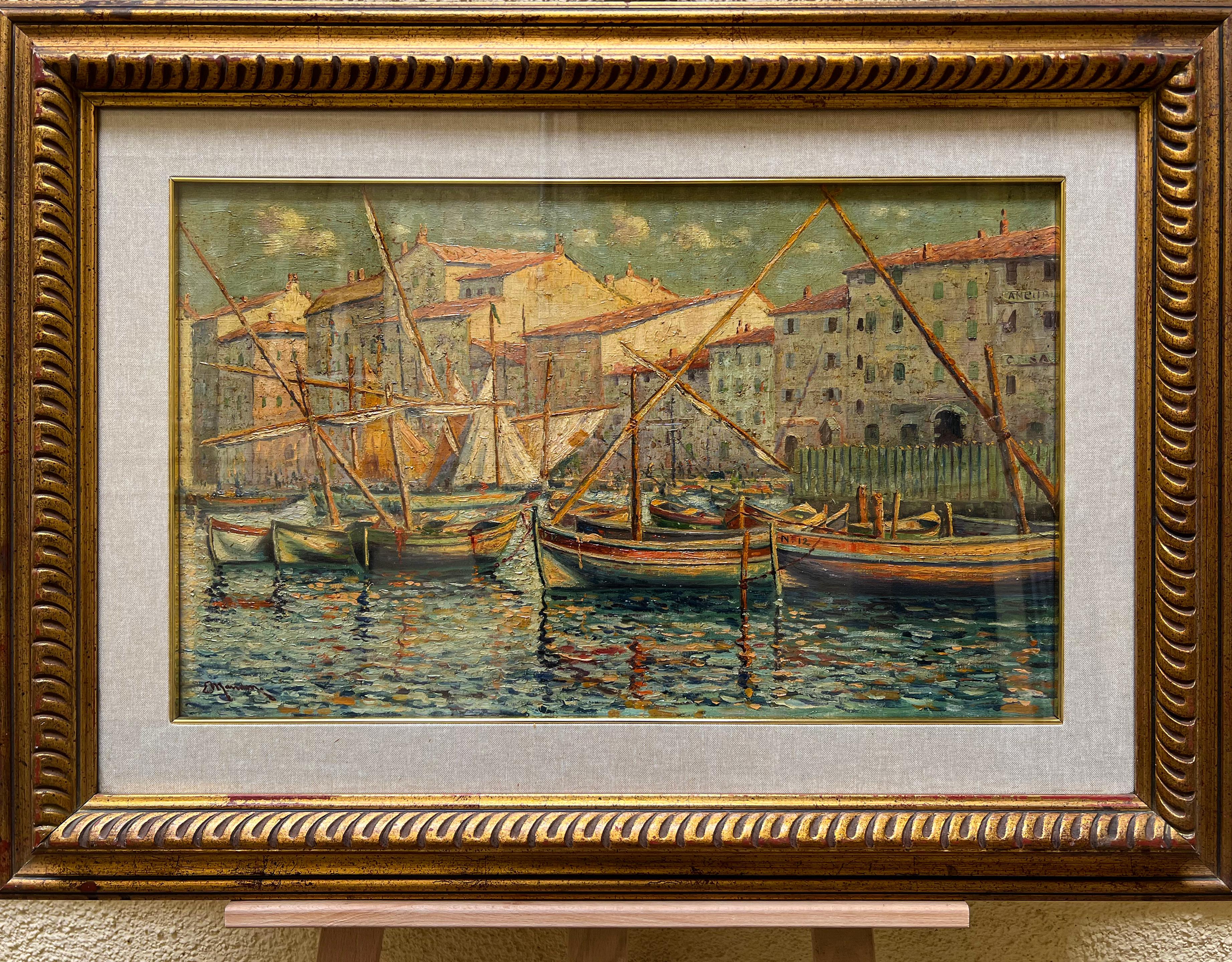 Boats in Portofino. The artist's signature is not legible but the painting shows an Impressionist influence in the luminous vibration of the water.
 