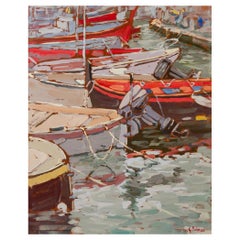 "Barcos en el puerto de Camogli" Pintura italiana