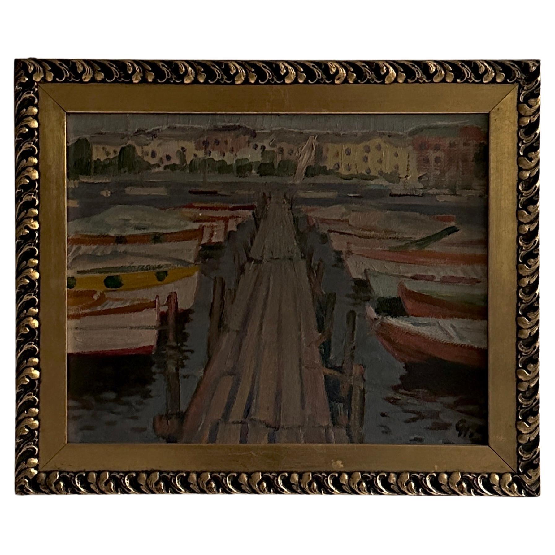 Boats on a Port, huile sur panneau de bois, signe et encadre, Norvge, dbut des annes 1900