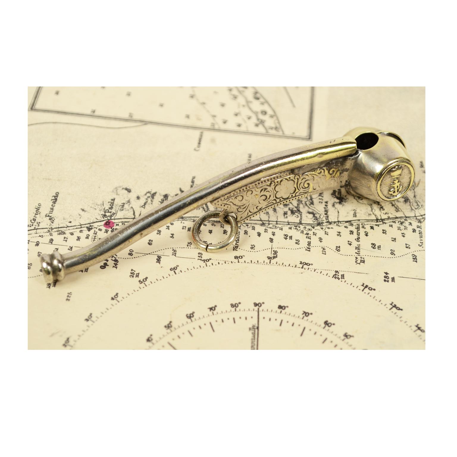 British Boatswain Whistle of Chromed Brass, English Manufacture, Early 1900s