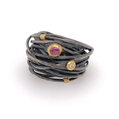 Boaz Kashi Oxidized Sterling Silver Gold Diamond and Ruby Ring