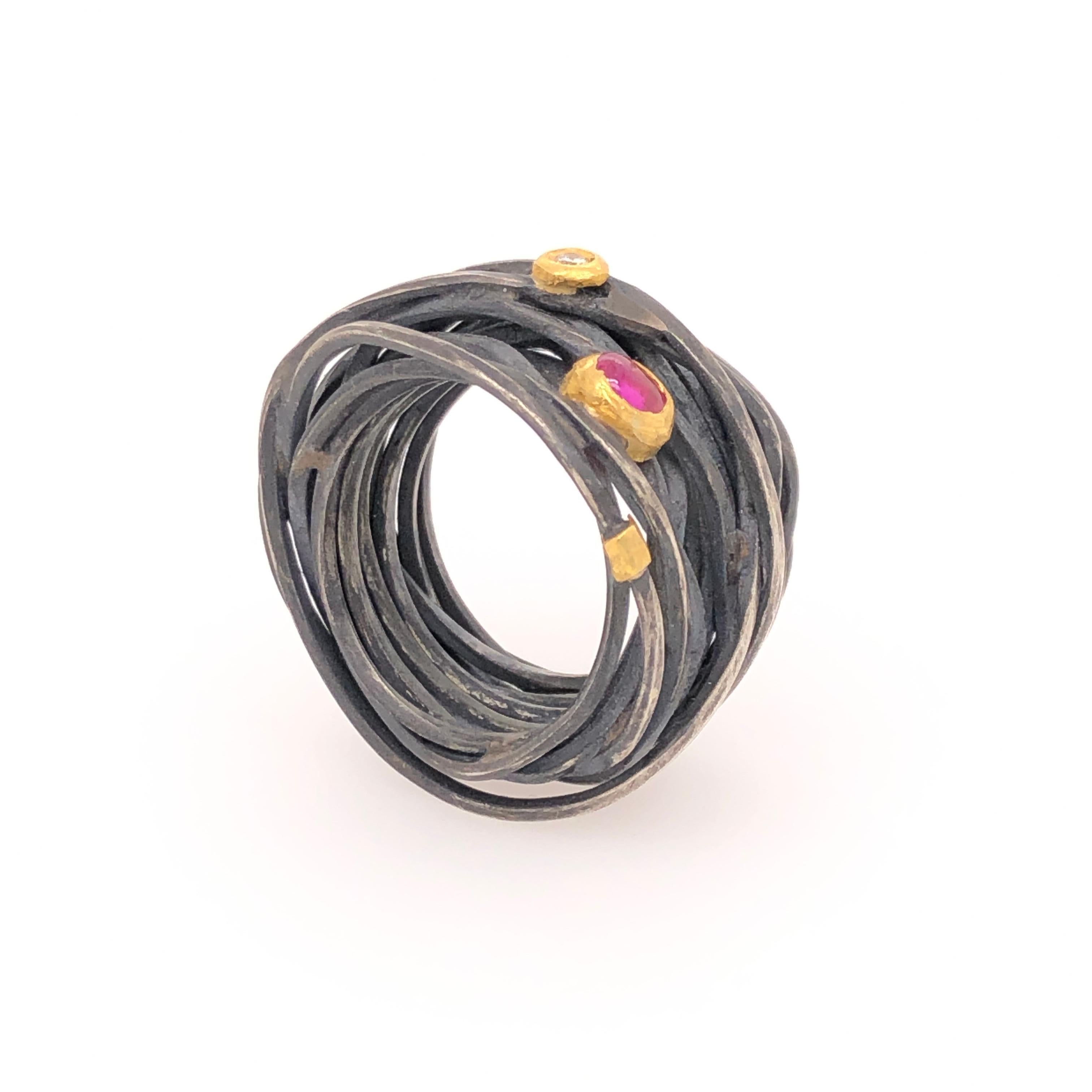 Round Cut Boaz Kashi Oxidized Sterling Silver Gold Diamond and Ruby Ring
