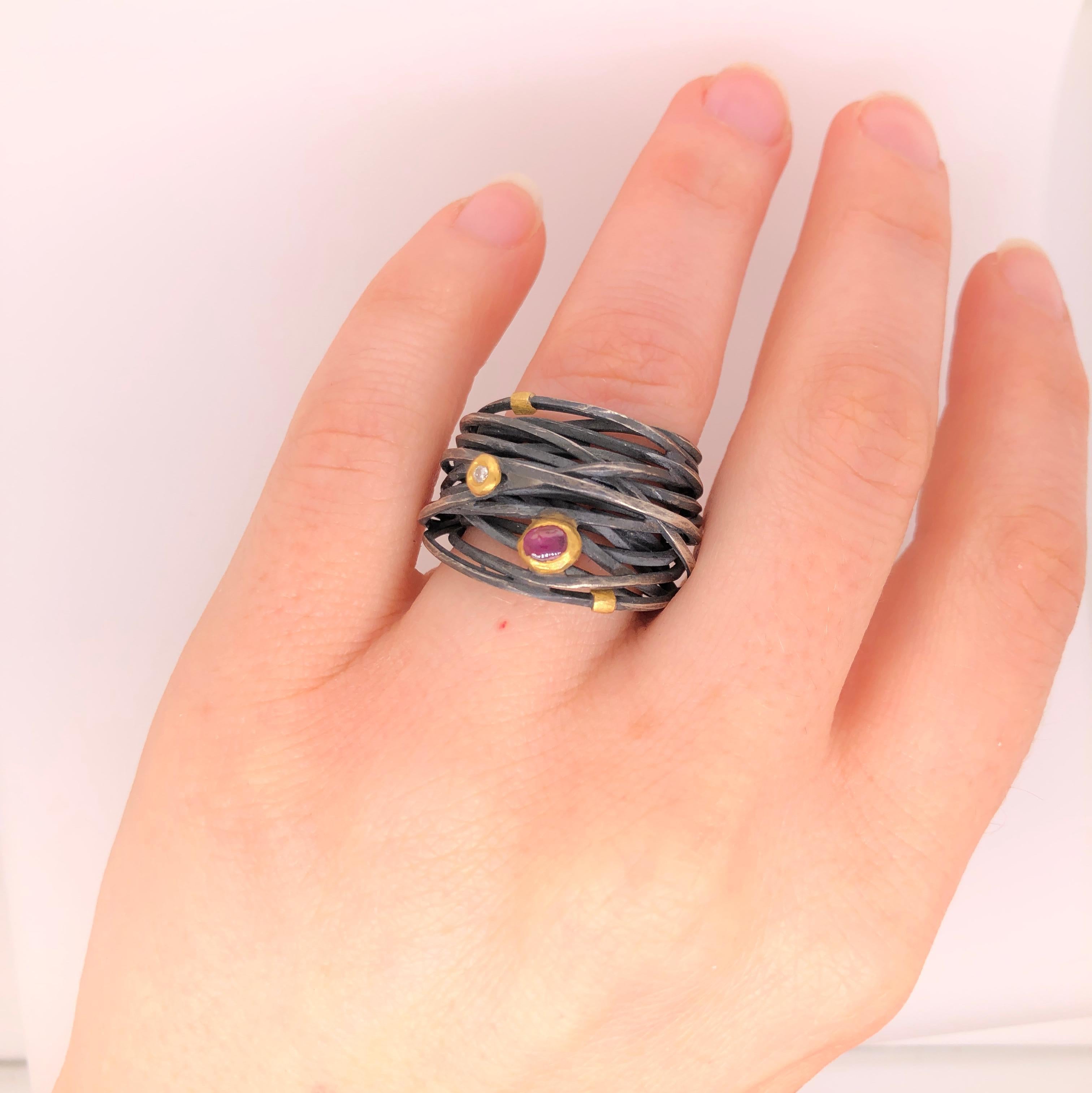 Boaz Kashi Oxidized Sterling Silver Gold Diamond and Ruby Ring In New Condition In Dallas, TX