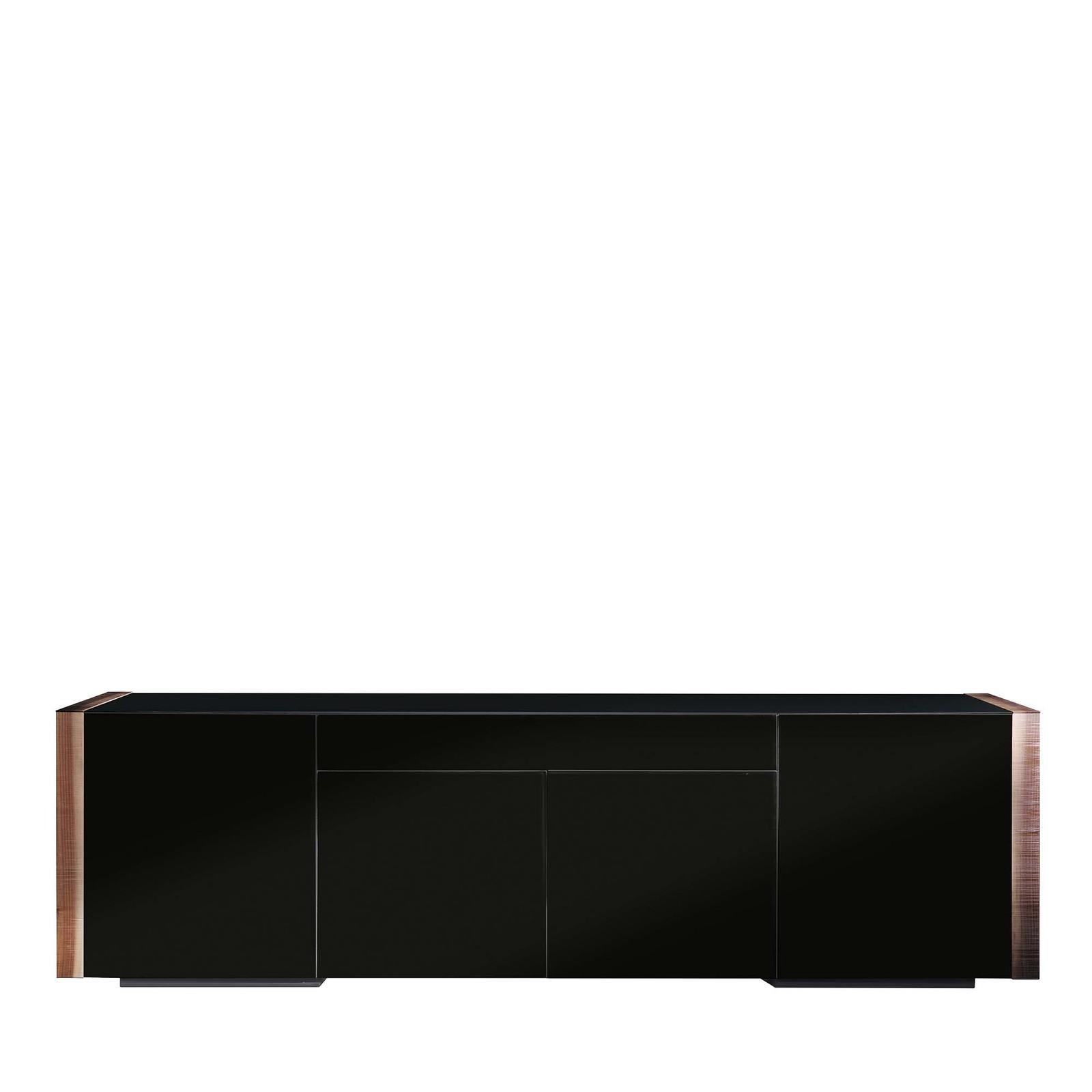 This sideboard's strong and modern personality blends storage capacity with an essential silhouette raised on two low block feet. Composed of four soft-closing doors with internal shelves and one long central top drawer, this cabinet showcases a