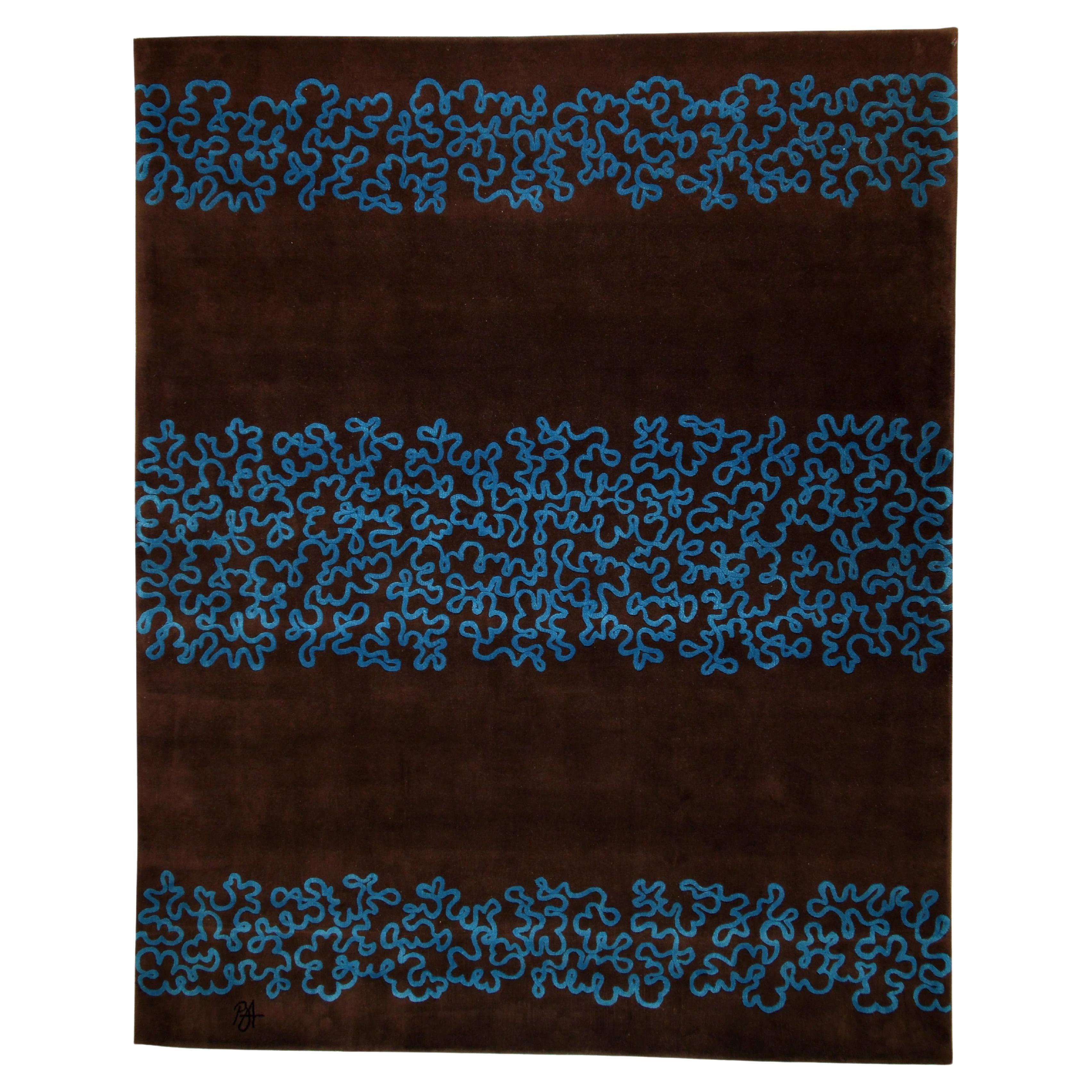 Bob Altavilla, 'Scroll' Rug Wool and Silk Brown Blue One of a Kind 8' x 10 ft