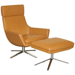 BOB ANDERSON JILL COGNAC BROWN LEATHER JILL LOUNGE ARMCHAiR & OTTOMAN FOOTSTOOL