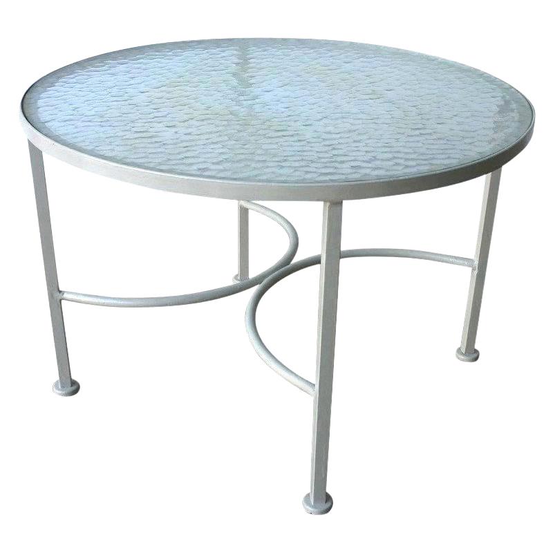 Bob Anderson Newly Enameled White Wrought Iron and Round Glass Patio Side Table For Sale