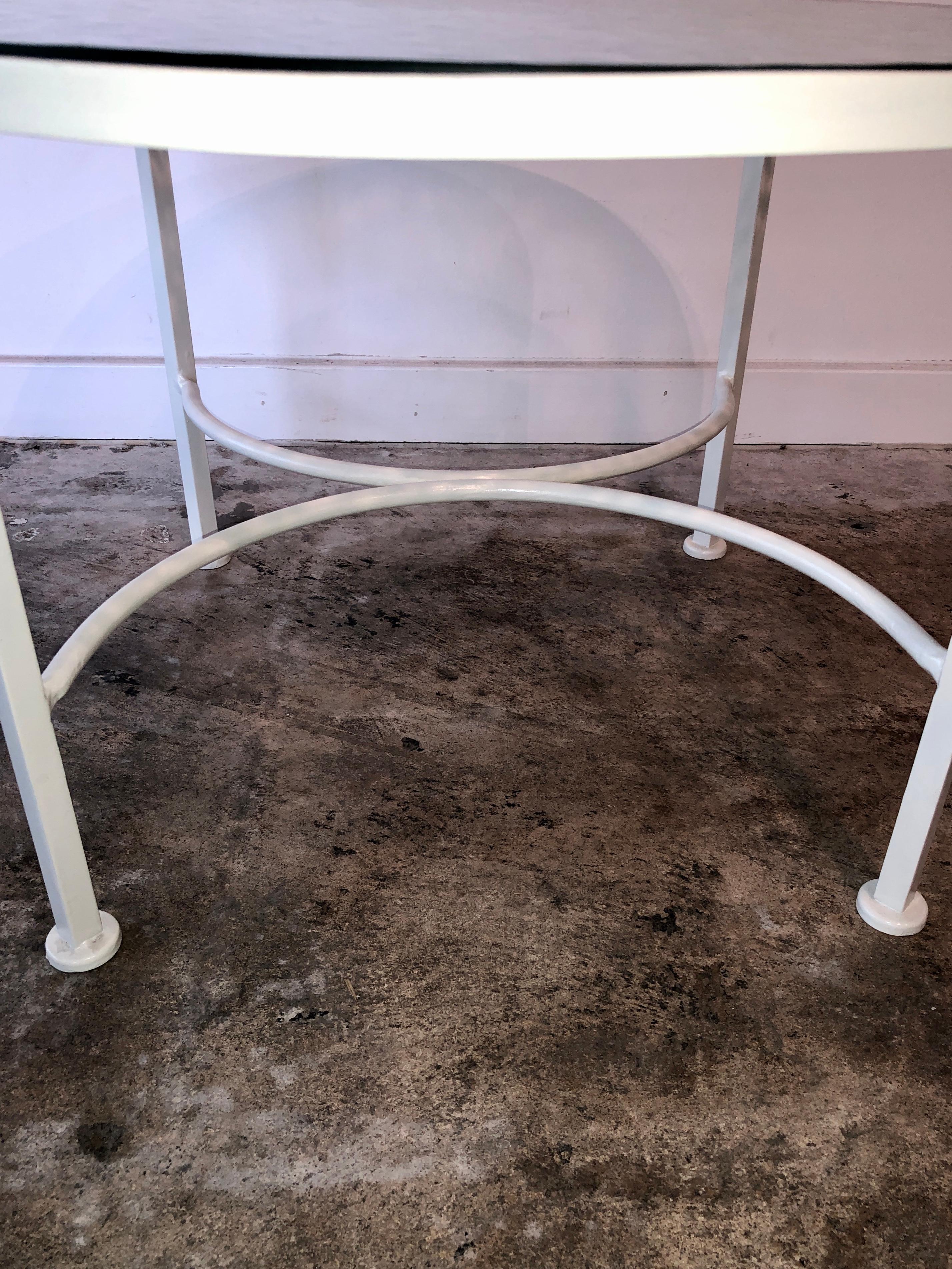 Bob Anderson Newly Enameled White Wrought Iron and Round Glass Patio Side Table For Sale 3