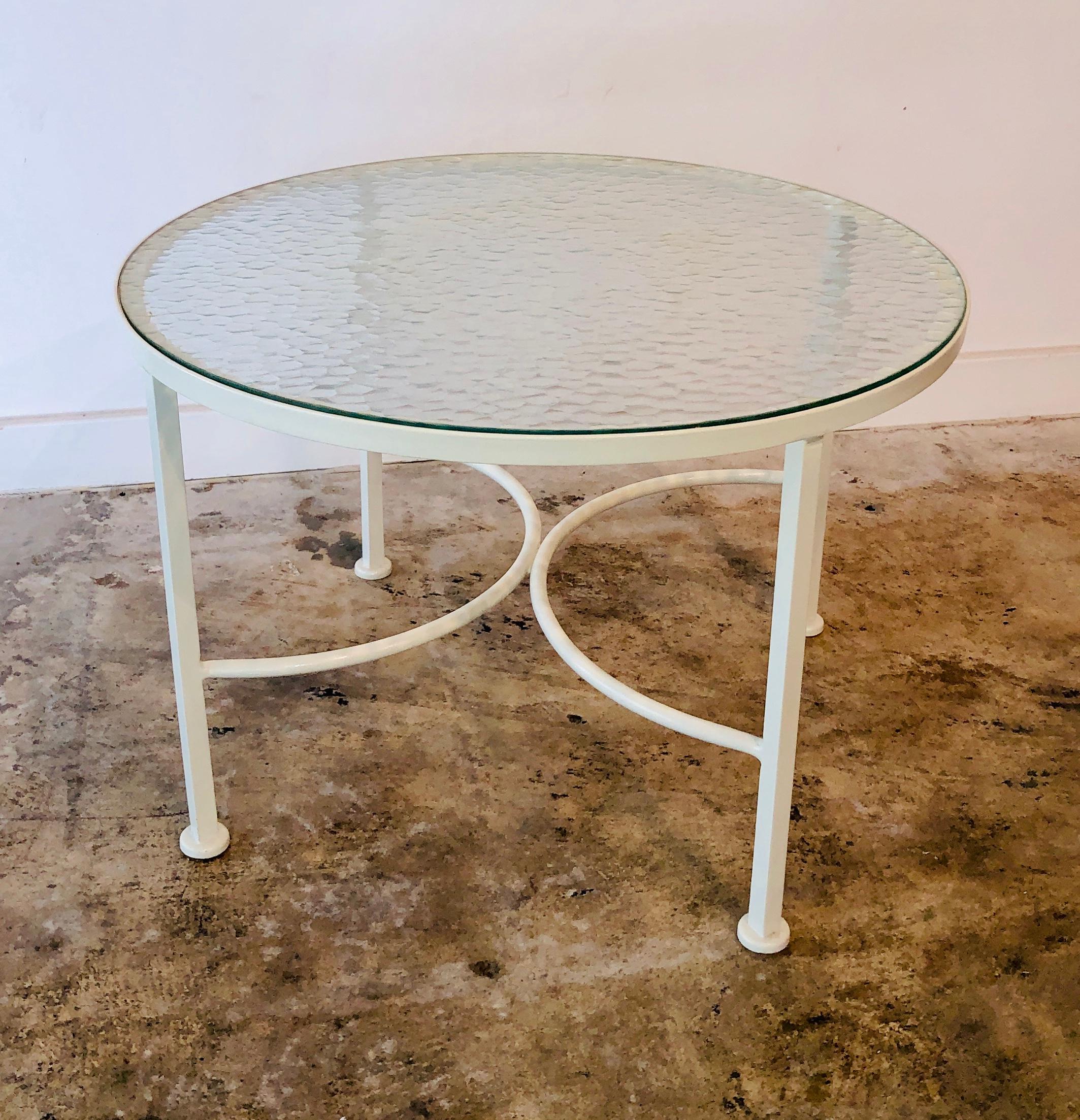 Bob Anderson Newly Enameled White Wrought Iron and Round Glass Patio Side Table In Good Condition For Sale In Houston, TX