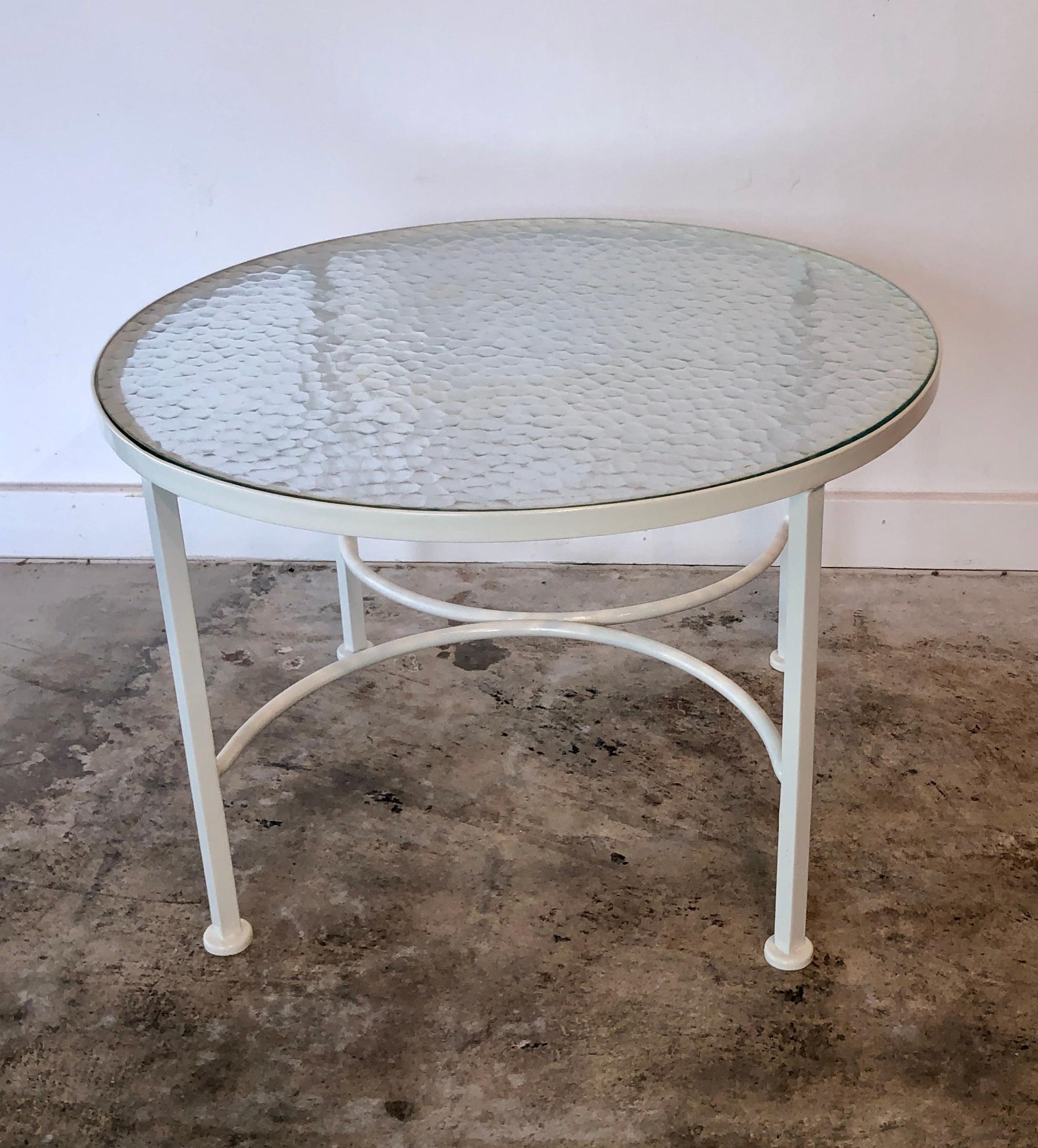 Post-Modern Bob Anderson Newly Enameled White Wrought Iron and Round Glass Patio Side Table For Sale