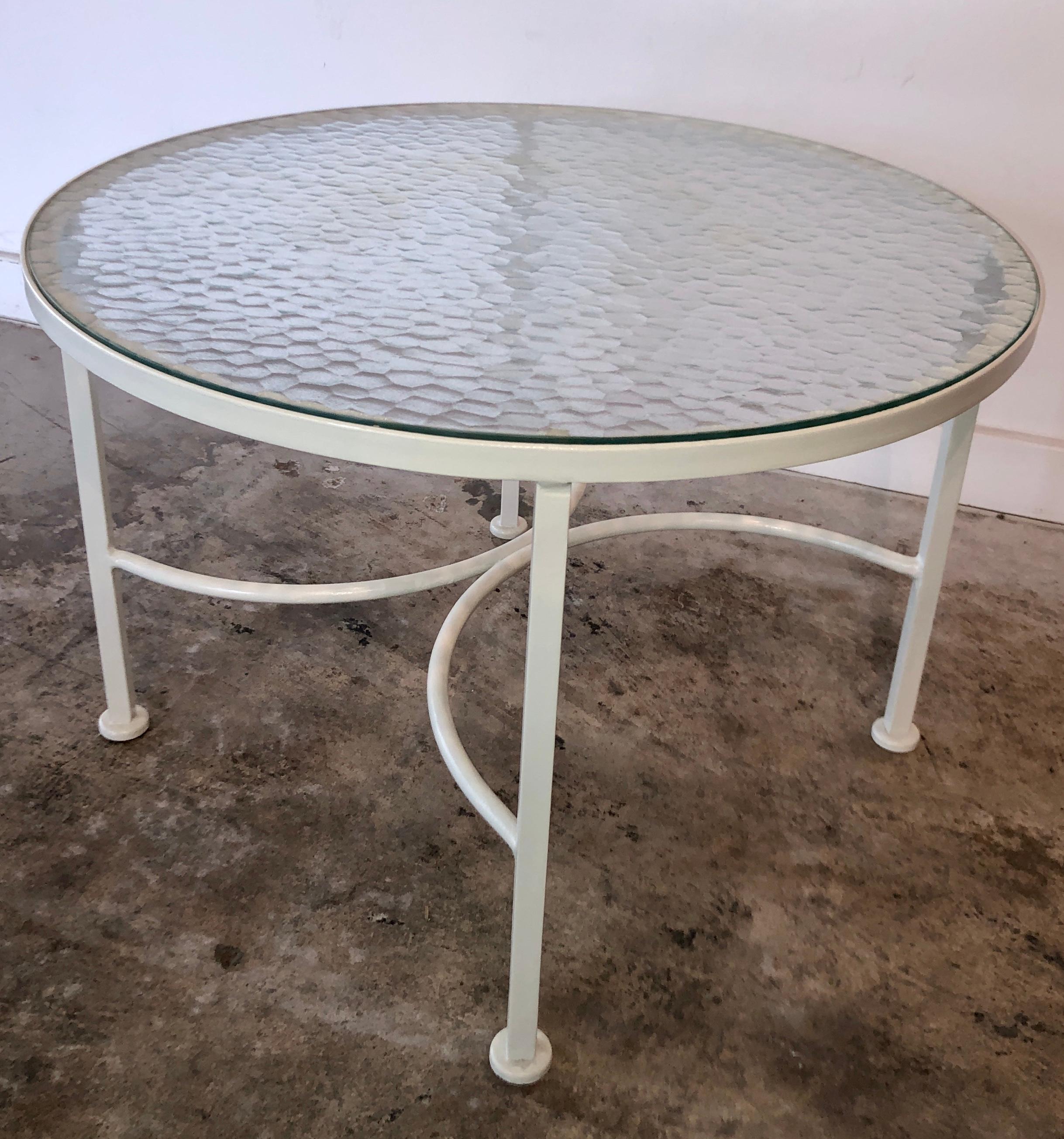 20th Century Bob Anderson Newly Enameled White Wrought Iron and Round Glass Patio Side Table For Sale