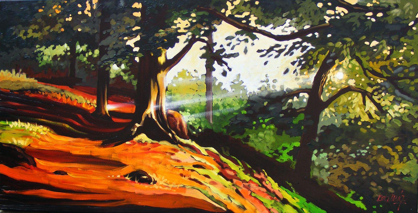 Breaking Light envisions the profound impact beauty of sunlight pouring through forest trees and blanketing the pathway of a cascading hillside. The painting is painted black around the sides to increase the drama of the scene. The canvas will be