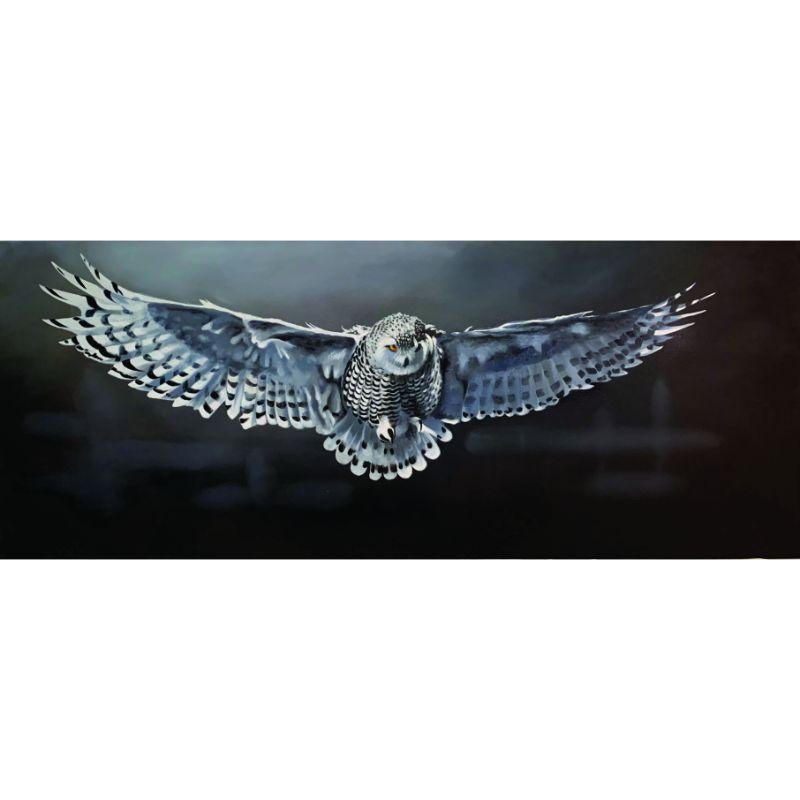 The Arctic owl, also know as the Snowy Owl in full flight with it's expansive wings spread to their fullest. Pictured again the evening sky, with it's yellow eyes fixed on it's course.  Shipped rolled and ready for stretching at it's destination. ::