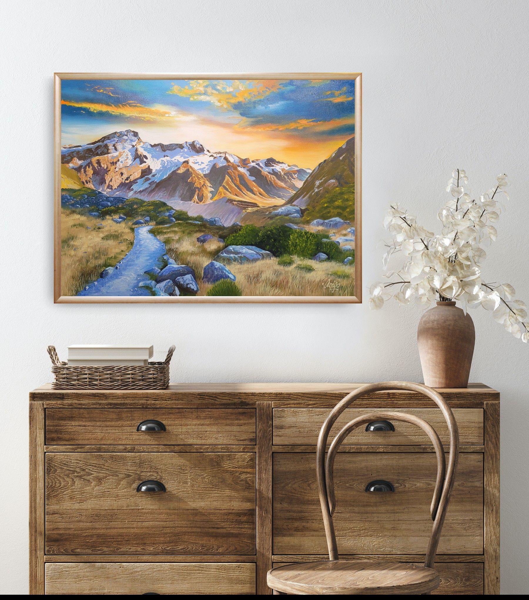 The majestic vista of the mountains of the South Island Range in New Zealand. View from the walking path that leads down into the deep valley at the foot of this incredible sight.   :: Painting :: Contemporary :: This piece comes with an official