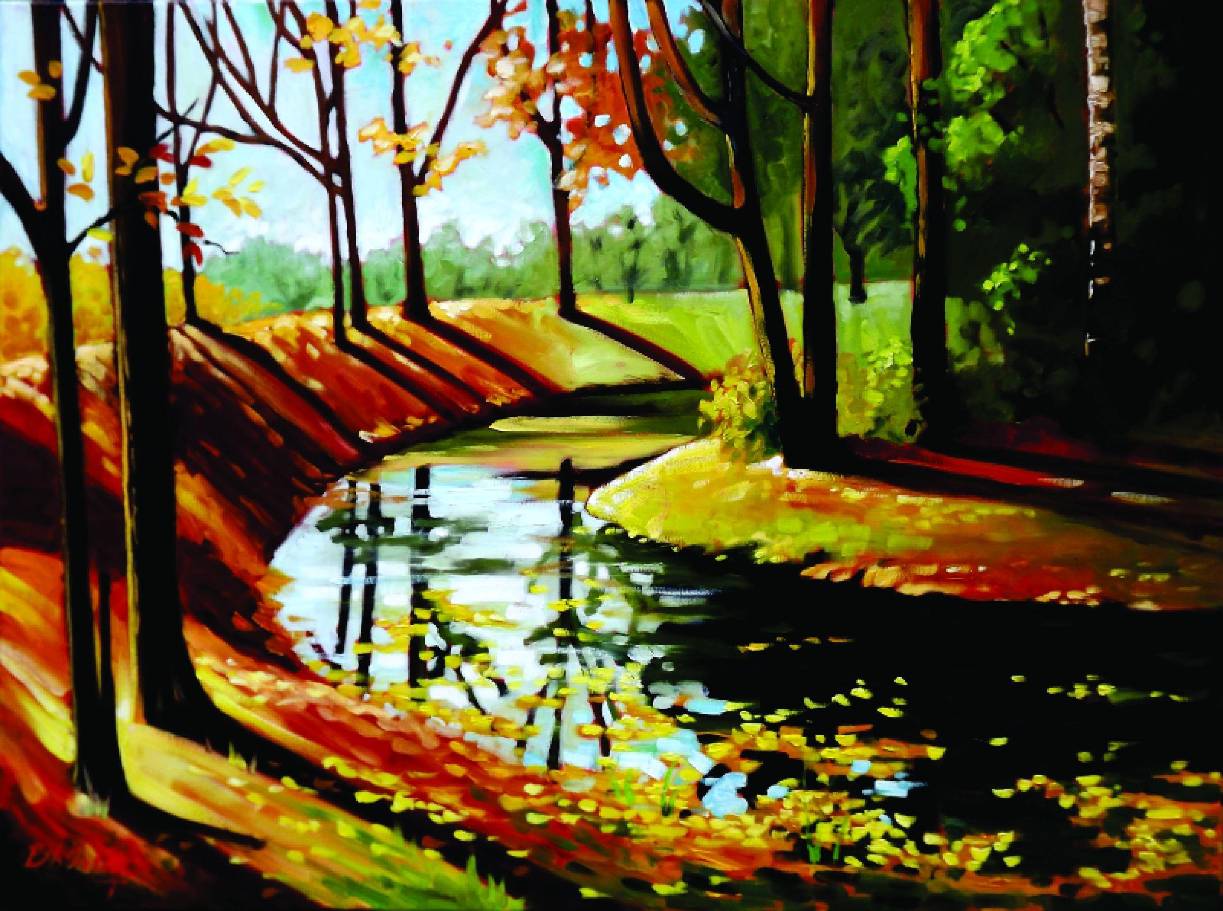 A man made waterway winds it's way through a grouping of trees and brings with it all the fresh scents of October's fallen leaves and evergreens. This painting is painted around the sides to increase it's presence and sense of belonging in your