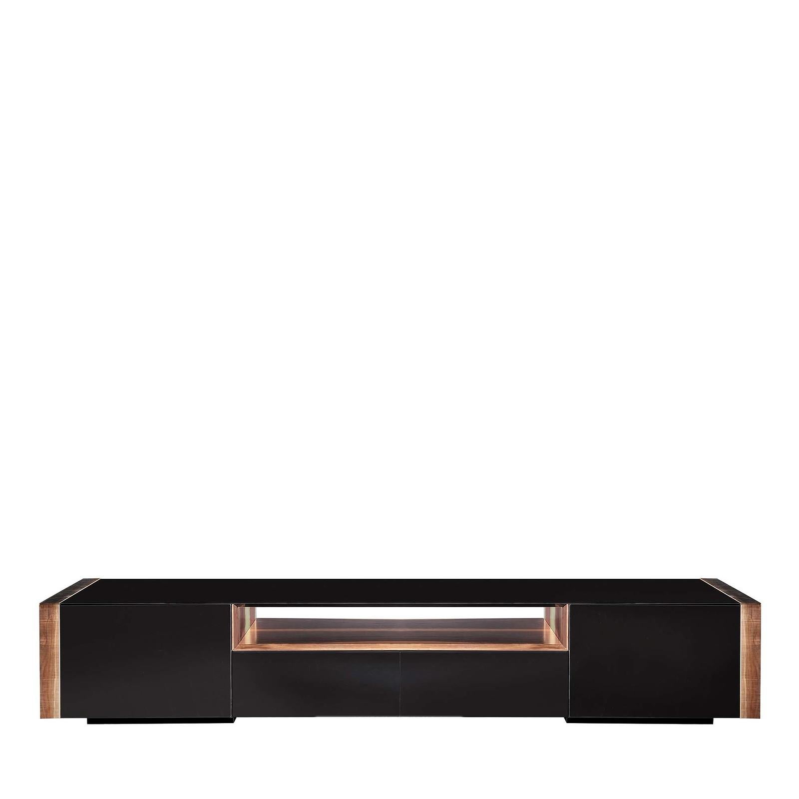 The lean and essential silhouette of this media cabinet displays its modern elegance and functionality in a perfect blend of colors and textures. Finished with a glossy black polyurethane lacquer, this cabinet is enriched with warm details in