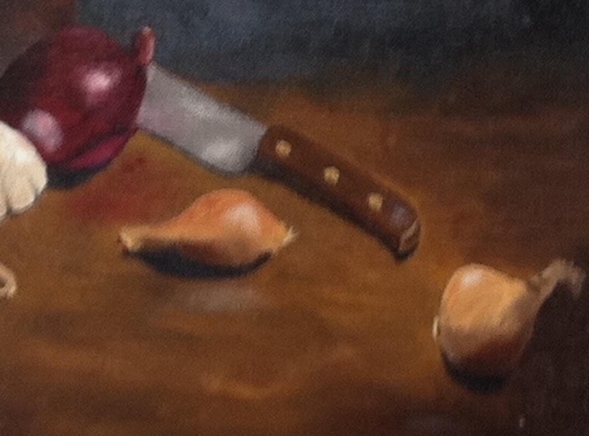 This still-life painting, oil on canvas, has a dark palette of burgundies, browns, and grays. The artist has assembled some shallots, garlic, and onion. The painting also shows a pan, a knife, and a bottle. The artist has signed the painting in the