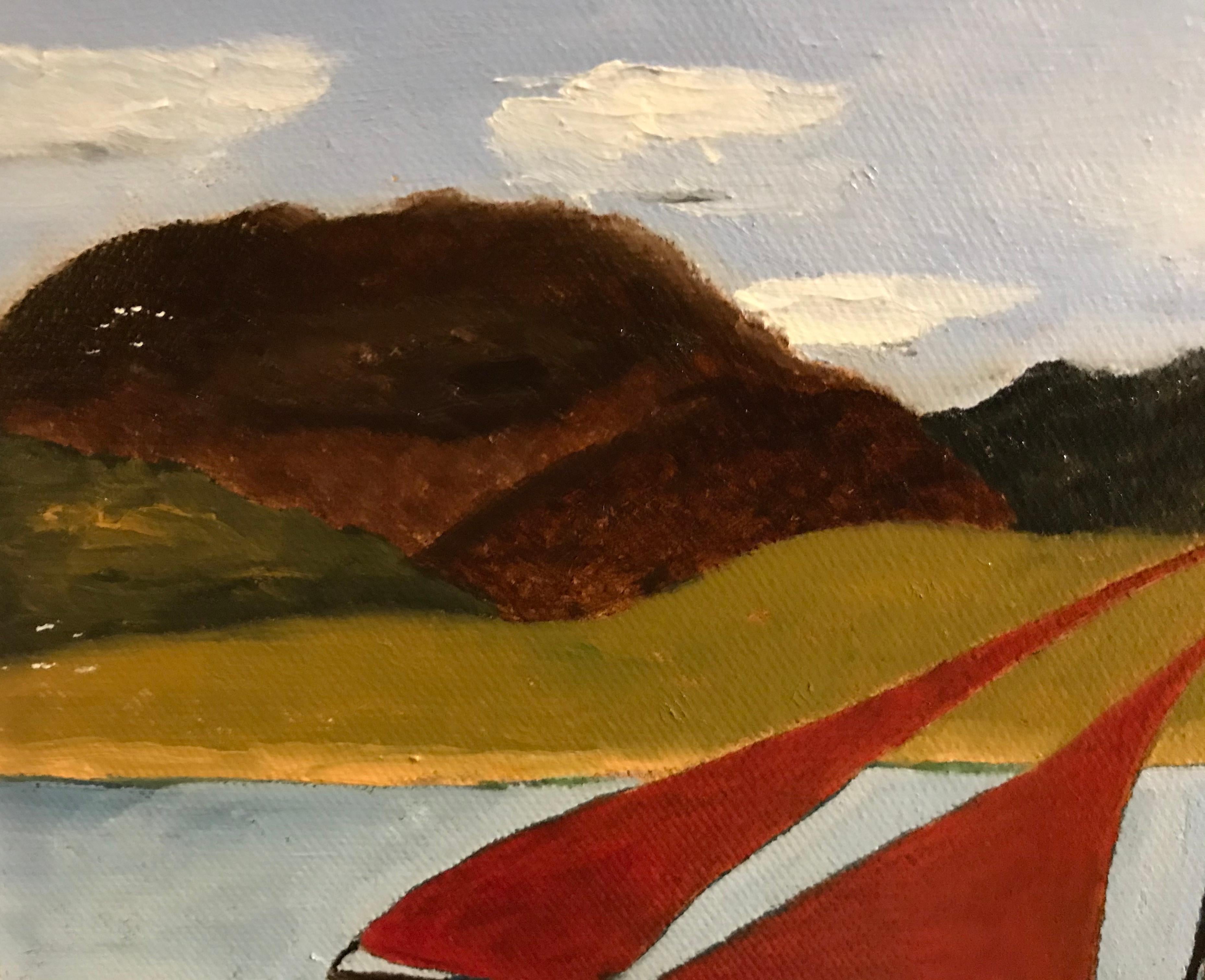 This oil on canvas painting is of a boat ride in the Connemara, a traditional and naturalistic area in the West of Ireland. The boat presents itself gliding on the reflective water as the countryside passes by. The color scheme is very light and is