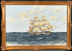 Three Masted Classic Sailing Tall Ship at Sea British Marine Oil Painting 