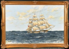 Three Masted Classic Sailing Tall Ship at Sea British Marine Oil Painting