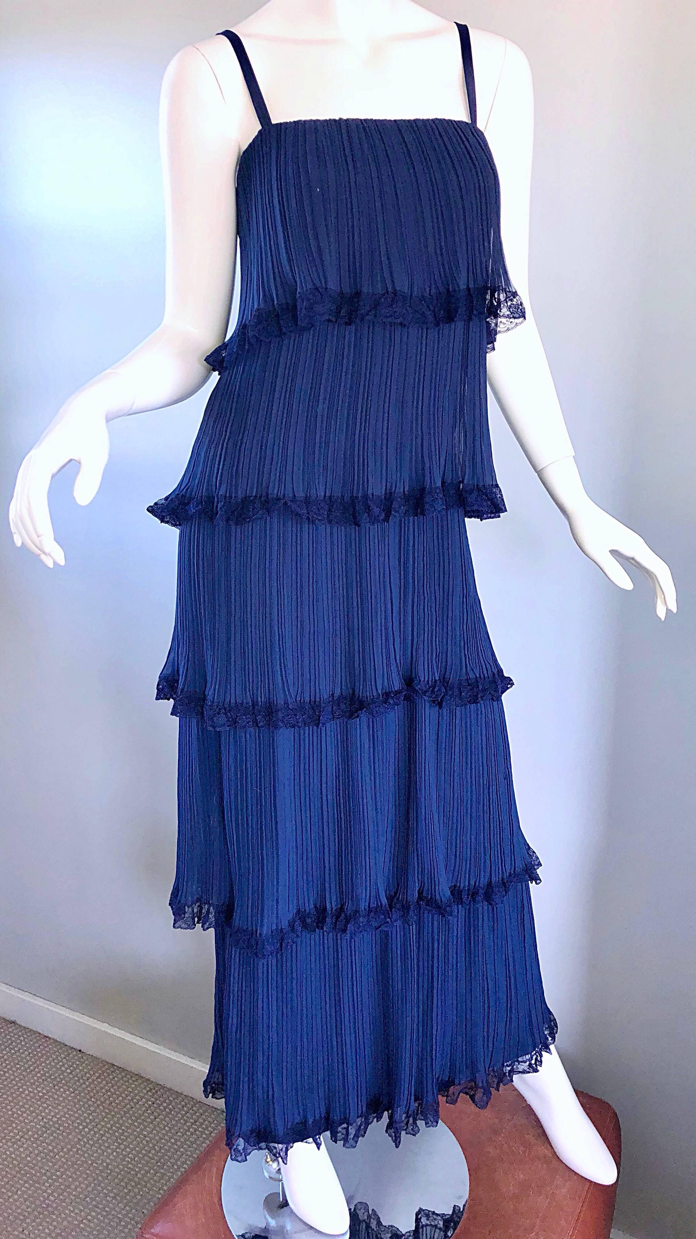 Bob Bugnand 1960s Large Navy Blue Silk Chiffon Tiered 60s Vintage Evening Gown  In Excellent Condition For Sale In San Diego, CA