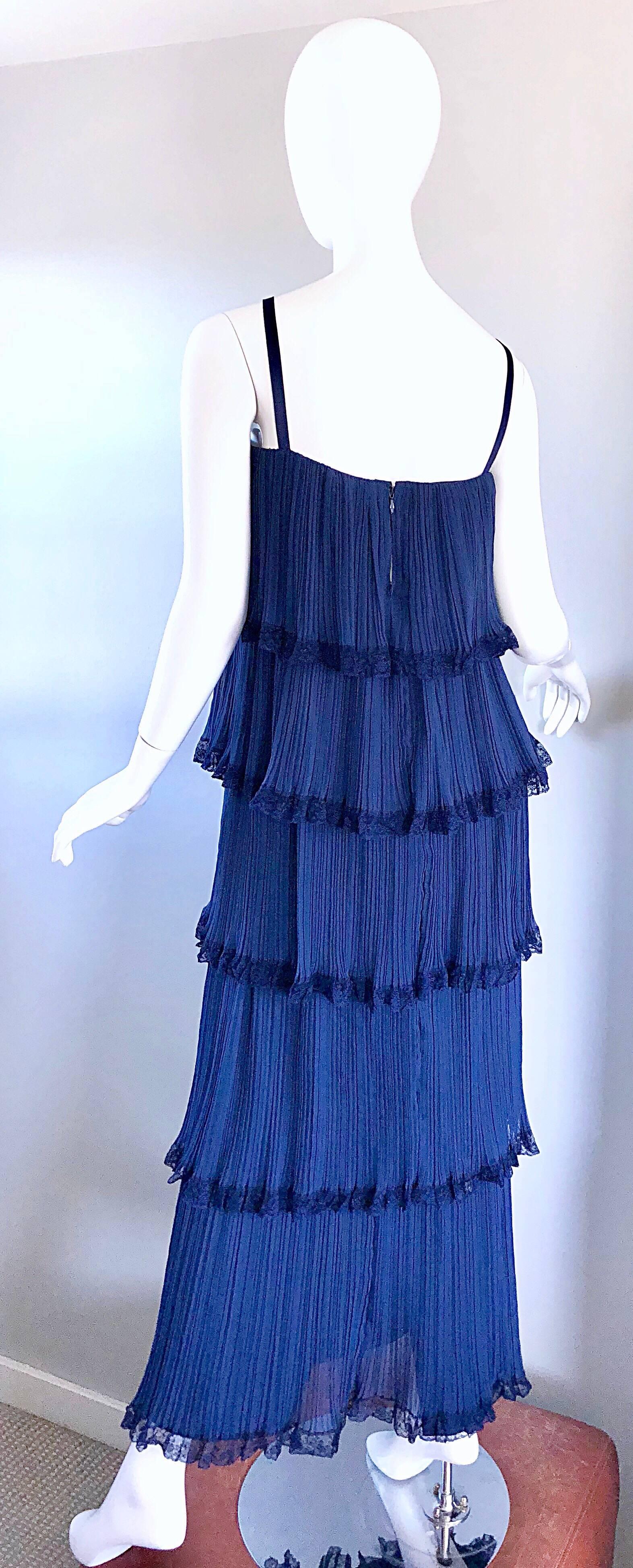 Women's Bob Bugnand 1960s Large Navy Blue Silk Chiffon Tiered 60s Vintage Evening Gown  For Sale